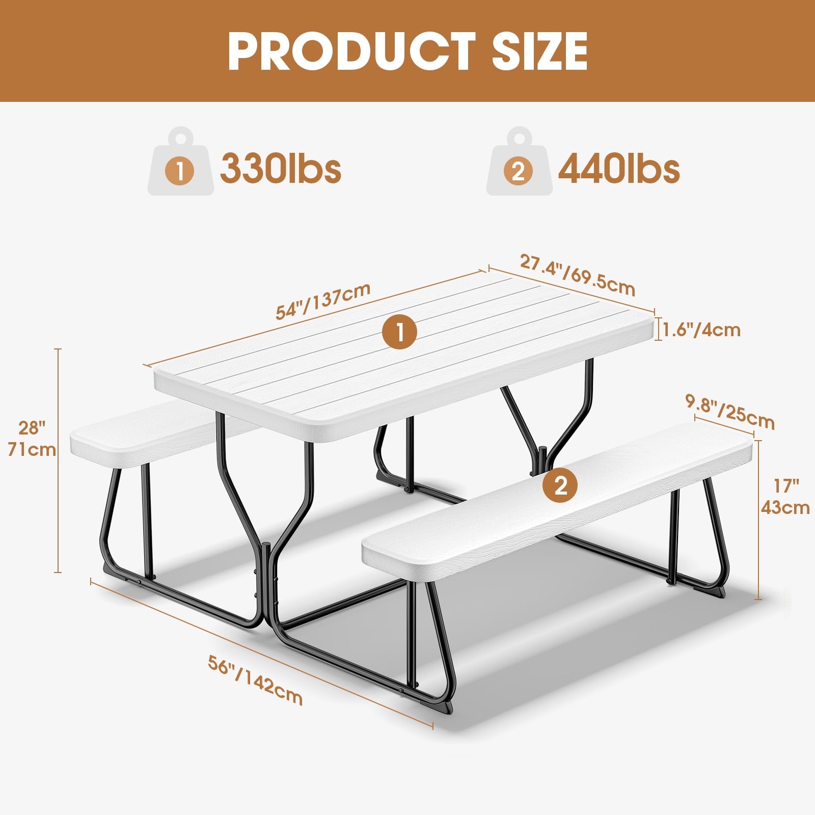 Fenbeli Outdoor Picnic Table with Bench Set for BBQ, Camping, Patio, White