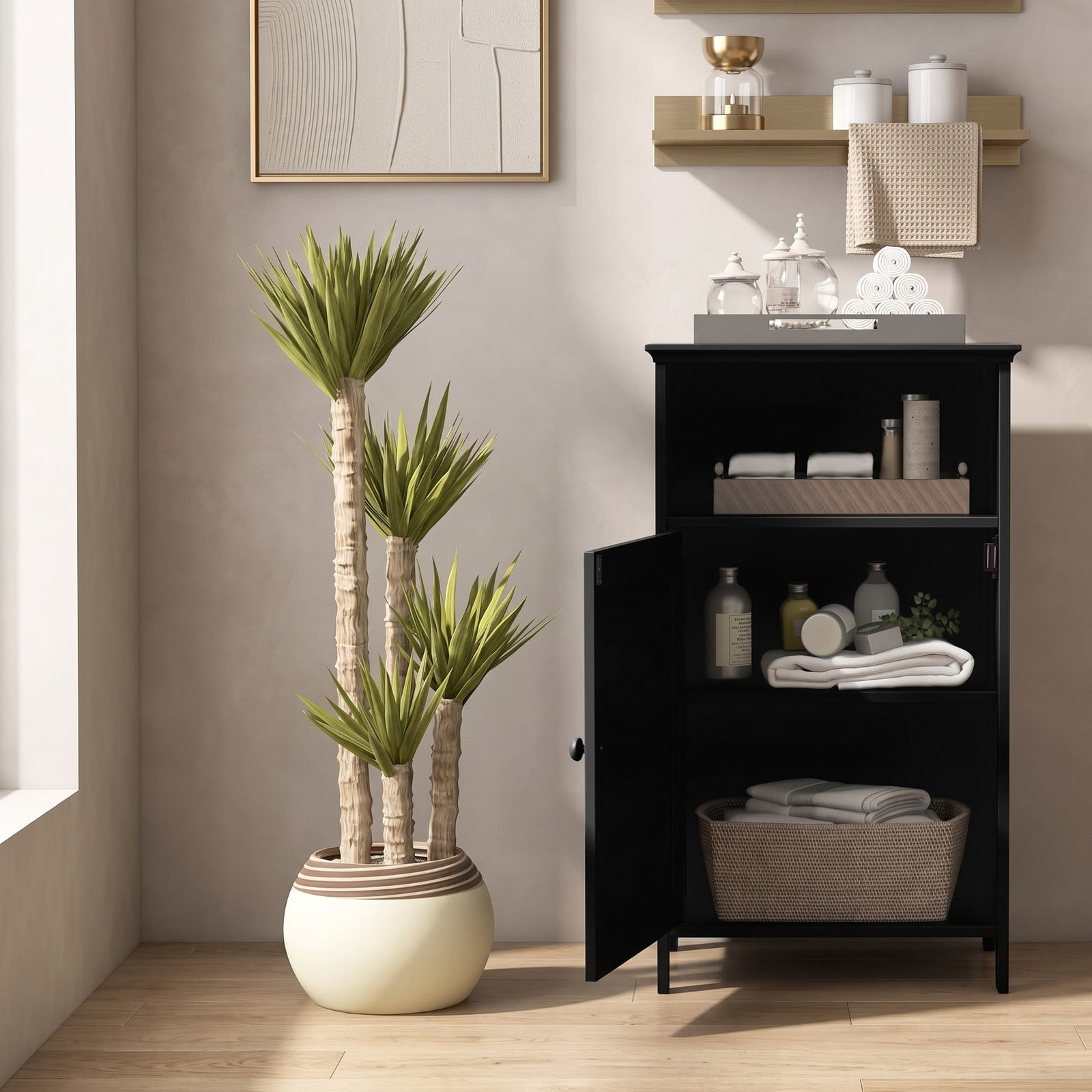 Fenbeli Bathroom Freestanding Floor Storage Cabinet with Adjustable Shelf and Open Cube, Waterproof MDF Side Organizer for Bathroom Living Room Bedroom Entryway, Black