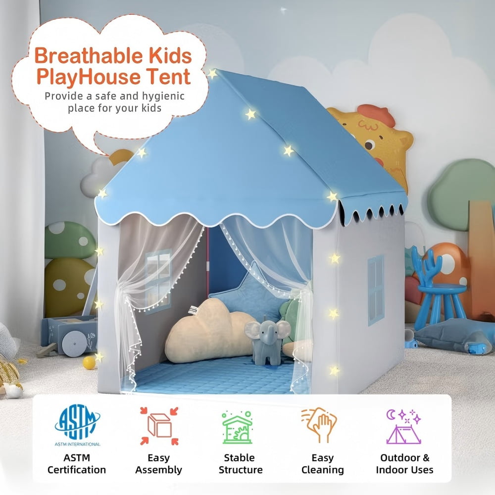 Fenbeli 2 in 1 Kids Play Tent with Padded Mat and Lights Tent for Kids Indoor  Outdoor with Windows Blue