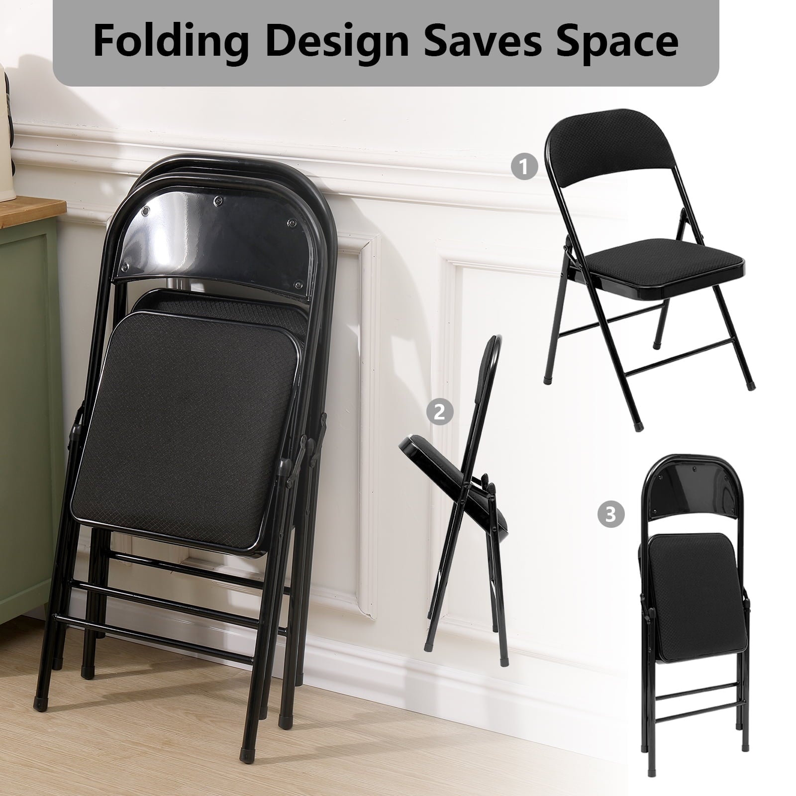 Fenbeli 4 Pack Folding Chairs Comfortable Folding Chair Set for Events, Meetings, and Everyday Use, Black