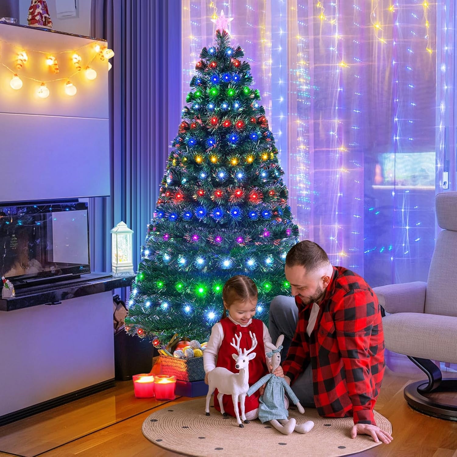 Fenbeli 7ft Pre-Lit Fiber Optic Artificial Christmas Tree, Xmas Tree w/285 Colorful LED Lights, 280 Branch Tips