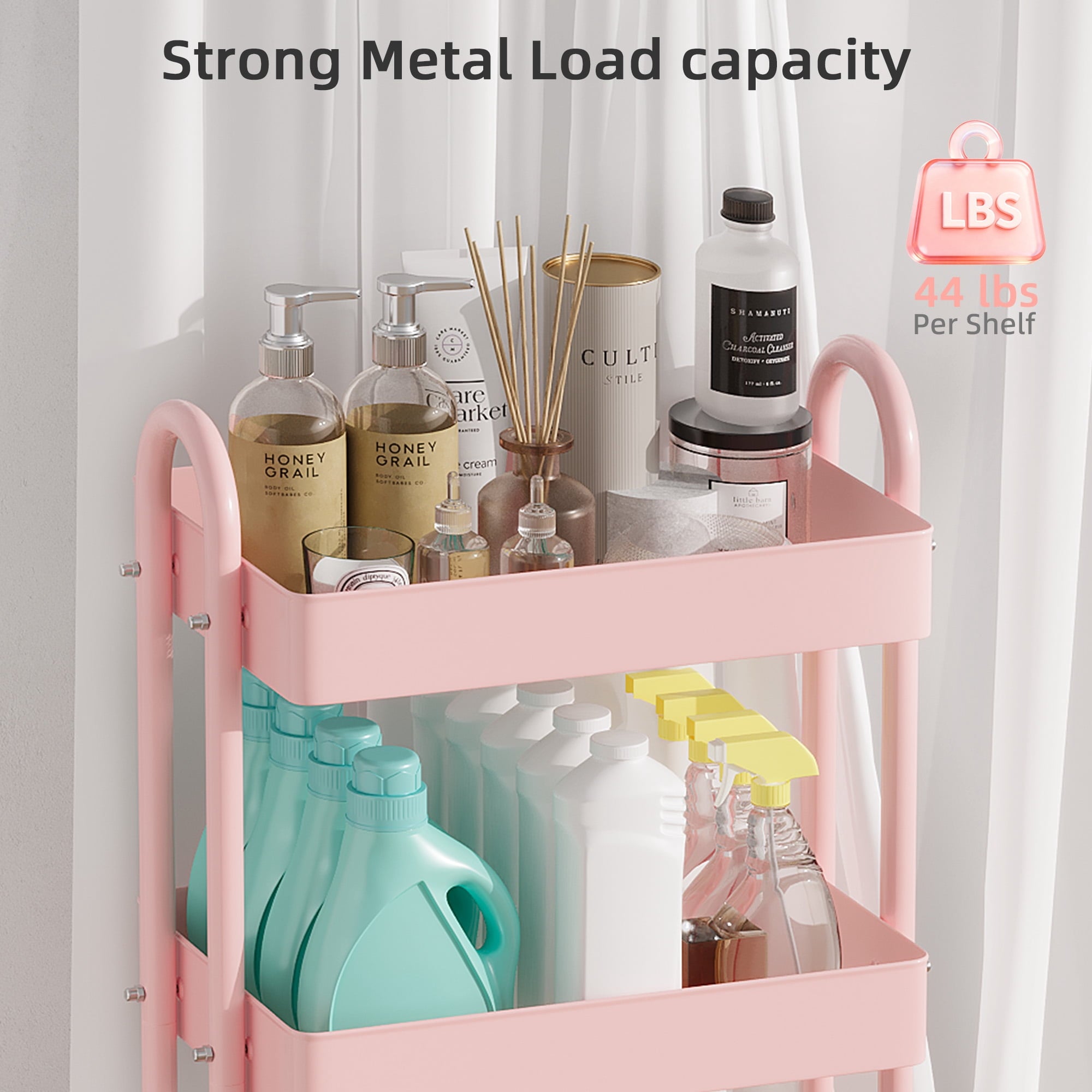 Fenbeli 3-Tier Metal Rolling Utility Cart with Wheels, pink, 18L x 13.4W x 31H