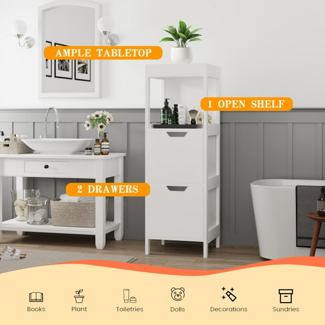 Modern Bathroom Floor Cabinet with 2 Drawers, Free Standing Medicine Cabinet Storage Organizer Unit for Living Room Bedroom, White