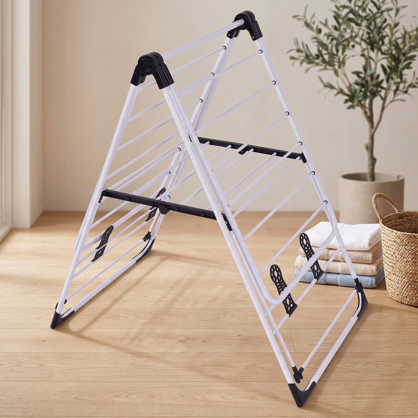 Fenbeli Portable Clothes Drying Rack, Foldable 2-Tier Steel Laundry Drying Rack with Adjustable Wings for Indoor Outdoor Garment Air Dry, Space-Saving, White