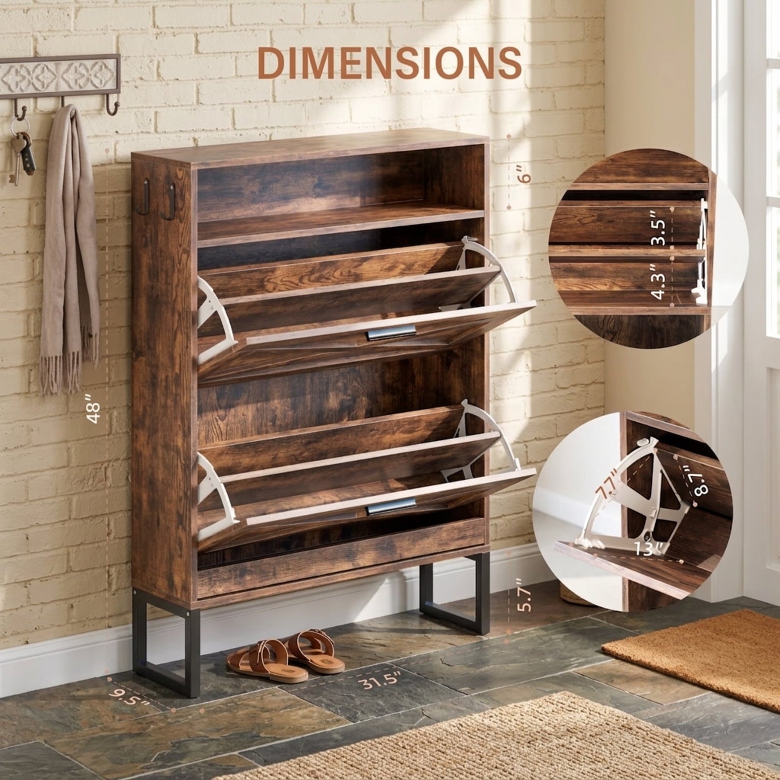 Fenbeli Shoe Cabinet with 5 Flip Doors, Slim Burnt Wood Storage Organizer with Adjustable Shelves, Freestanding Entryway Cabinet for Hallway Bedroom and Closet