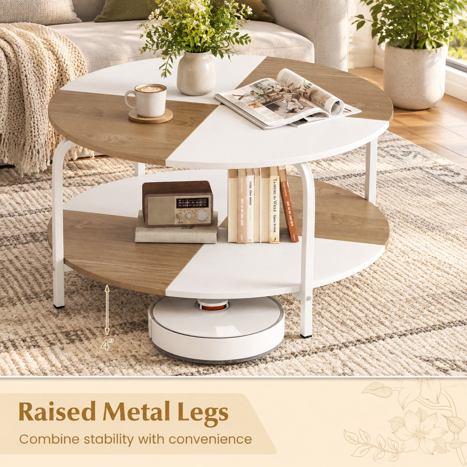 Fenbeli 2-Tier Round Coffee Table Metal Frame with Storage Shelf-Natural and White, 220 lbs Capacity, Engineered Wood Metal Frame, Coffee