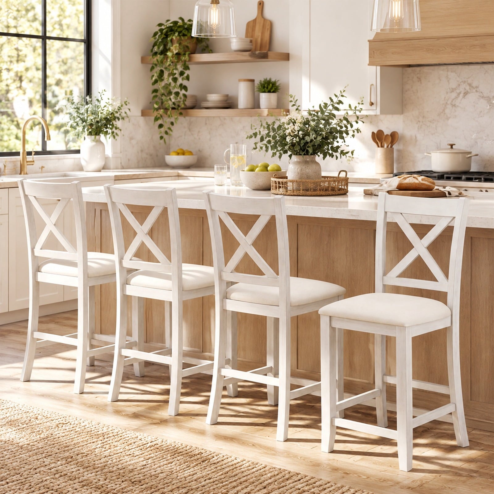 Fenbeli Modern Farmhouse Counter Height Stools with Footrest and Cushion, 330 lbs Capacity, Rubber MDF Linen Sponge Frame, White