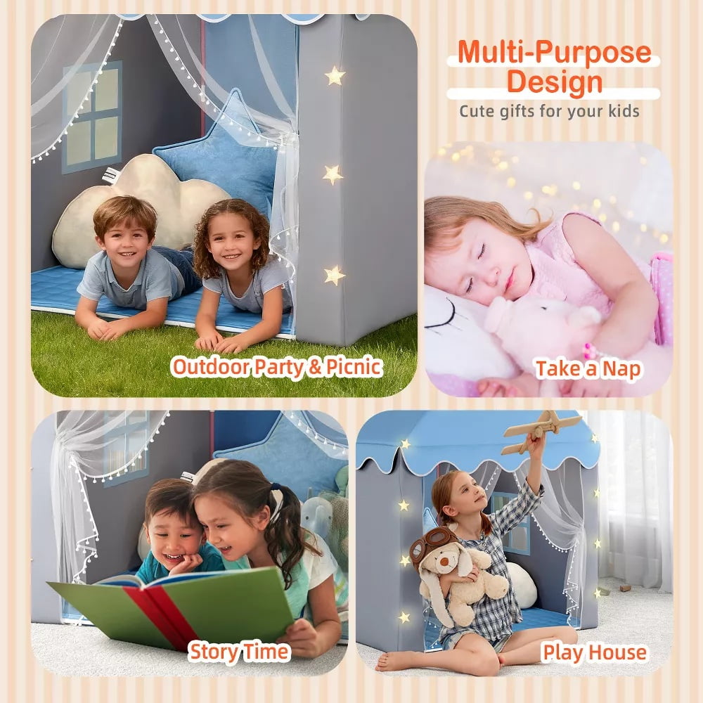 Fenbeli 2 in 1 Kids Play Tent with Padded Mat and Lights Tent for Kids Indoor  Outdoor with Windows Blue