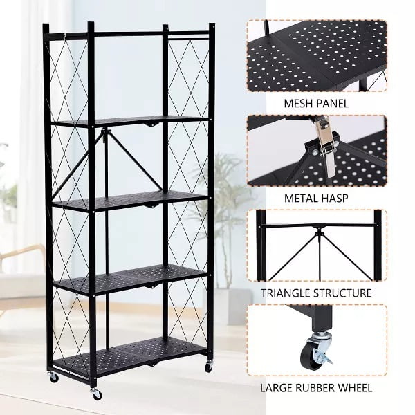 Fenbeli 5-Tier Heavy-Duty Foldable Storage Shelf with Lockable Wheels (750 lbs Capacity) - No Assembly Metal Organizer Rack for Home/Garage/Office, Black