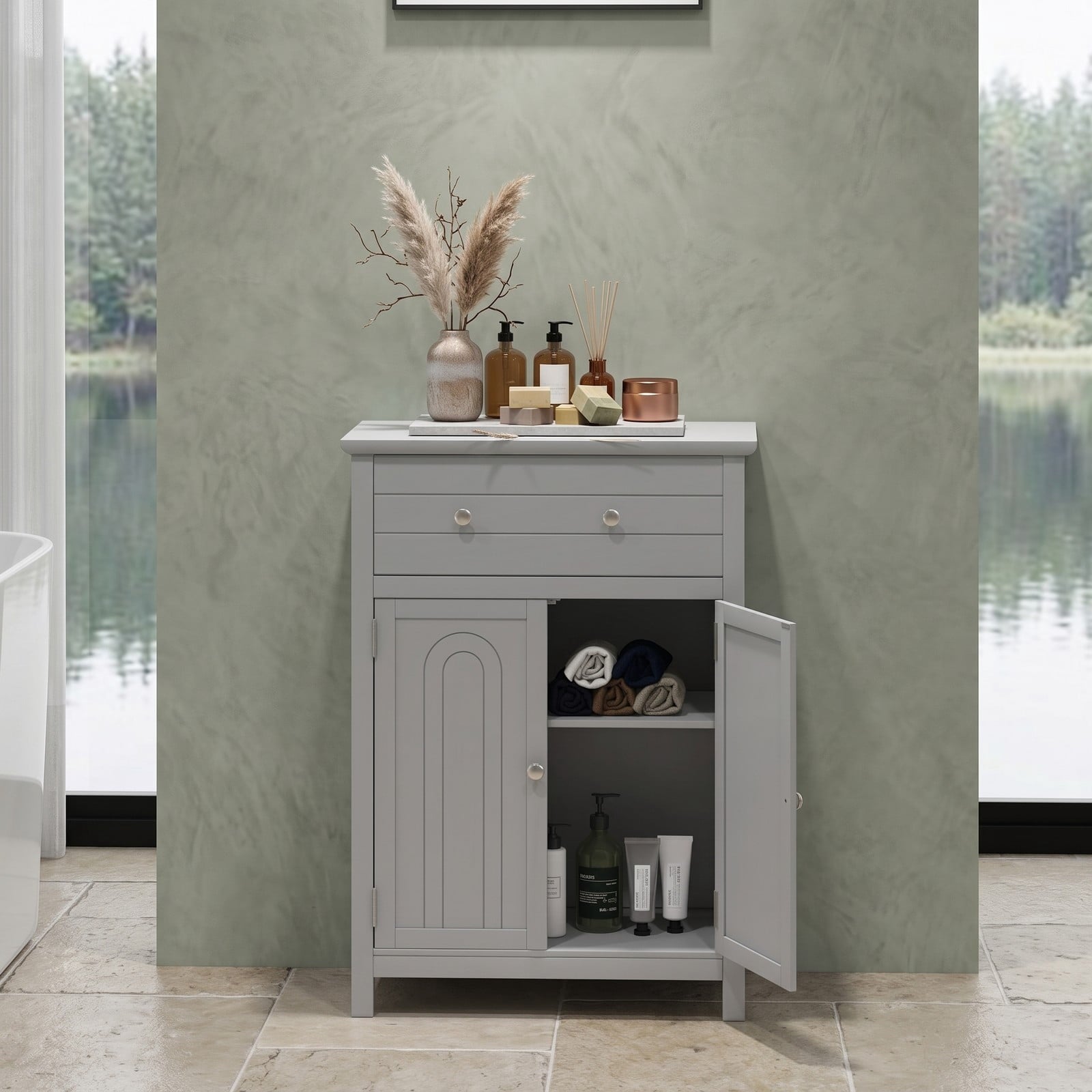 Fenbeli Wooden Bathroom Floor Cabinet, Free Standing 2-Door Storage Cabinet with Drawer and Adjustable Shelf, Waterproof MDF Side Organizer for Bathroom Living, Gray