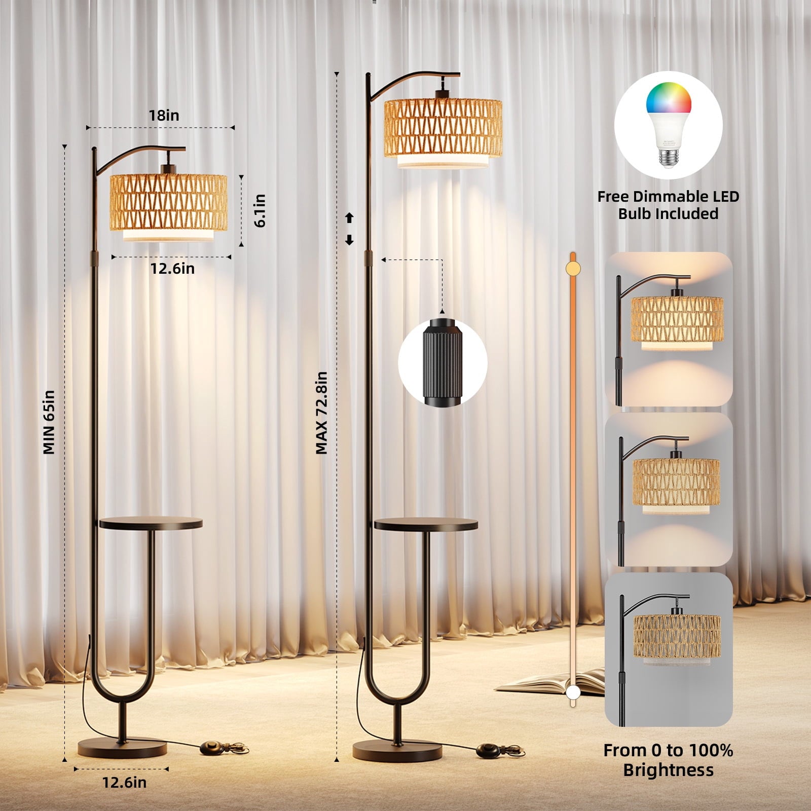 Fenbeli Floor Lamp with Table for Living Room, Dimmable LED Standing Lamp with Shelf, Tall Modern Reading Lamp