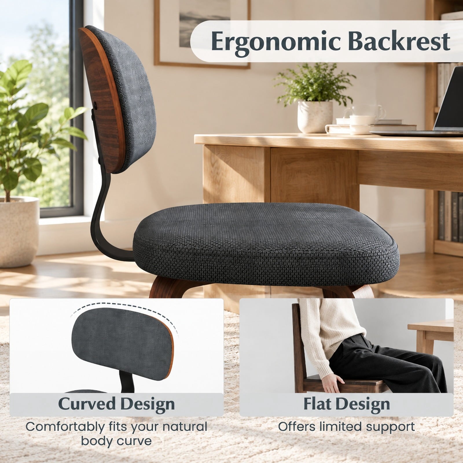Fenbeli Chenille Fabric Upholstered Wooden Kitchen Chairs Set of 2, 330 lbs Capacity, Chenille Sponge Bentwood Metal Frame, Dark Gray
