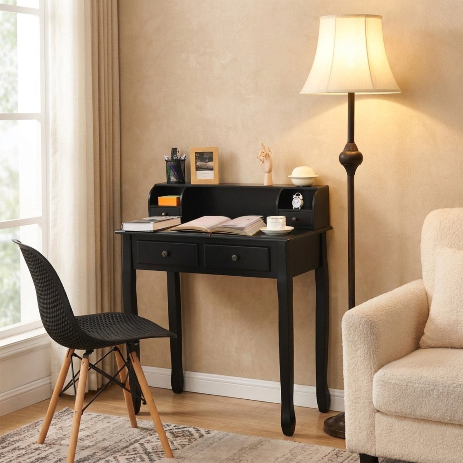 Furnibear 2-Tier Writing Desk with Storage, Vanity and Sewing Desk with 4 Drawers, Computer Desk for Bedroom, Black