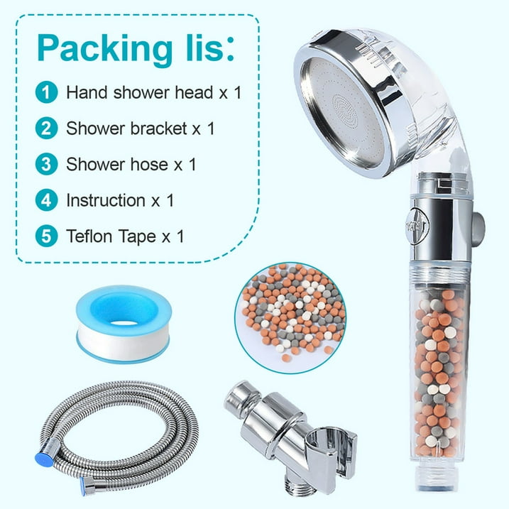 Hand Held Shower Head with Filter Beads 3 Settings Spray High Pressure Shower Heads