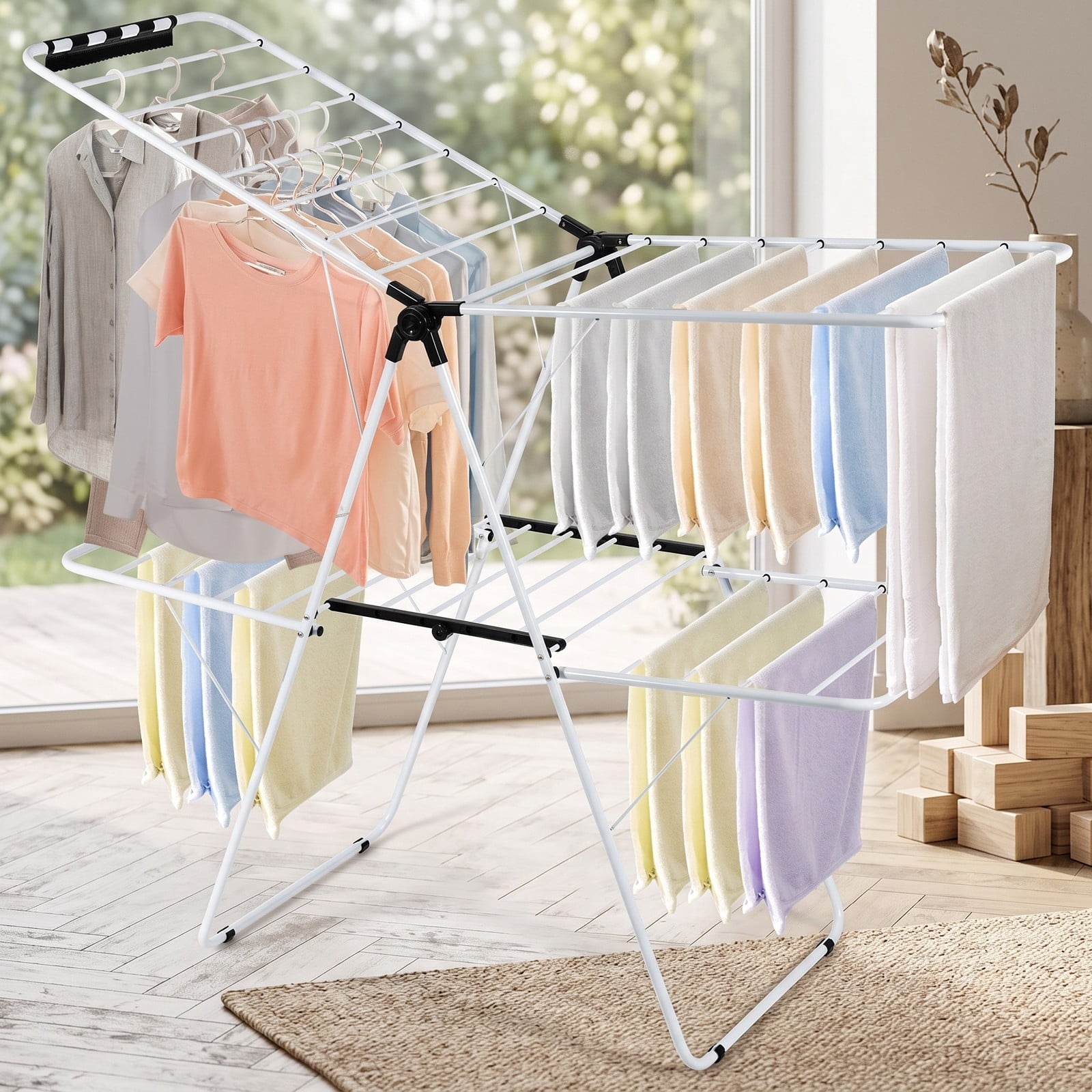 Fenbeli 2-Tier Foldable Clothes Drying Rack, Collapsible Steel Laundry Drying Rack with Adjustable Gullwing Wings for Indoor Outdoor Balcony, Space-Saving, White Black