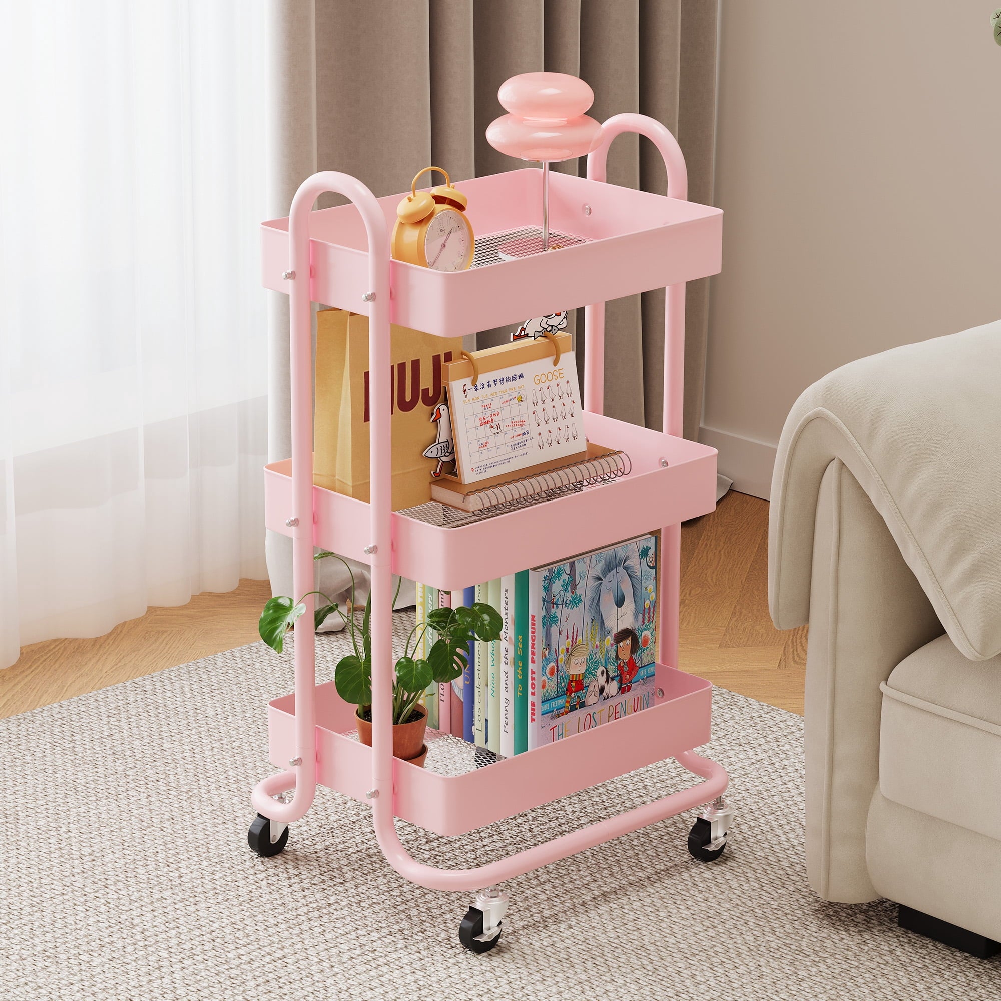 Fenbeli 3-Tier Metal Rolling Utility Cart with Wheels, pink, 18L x 13.4W x 31H