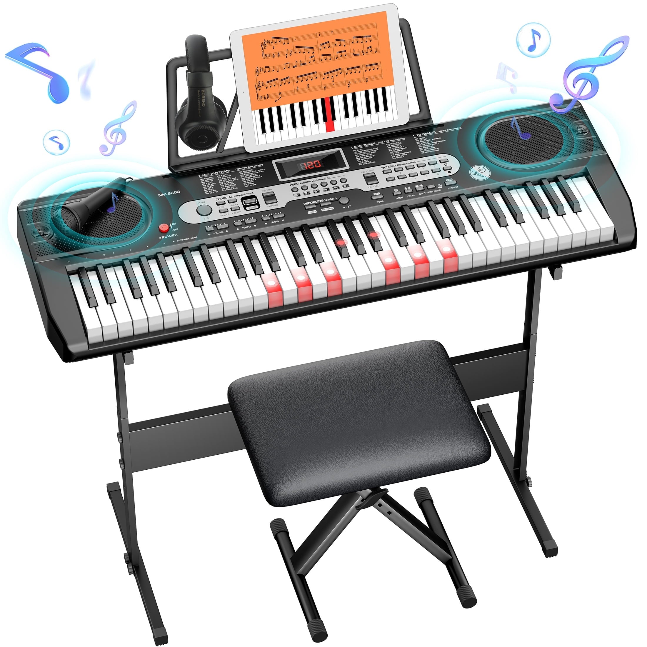 Fenbeli 61-Key Piano Keyboard with Lighted Keys, Stand, Bench, Microphone, Headphone, Electronic Keyboard Piano Set, Black