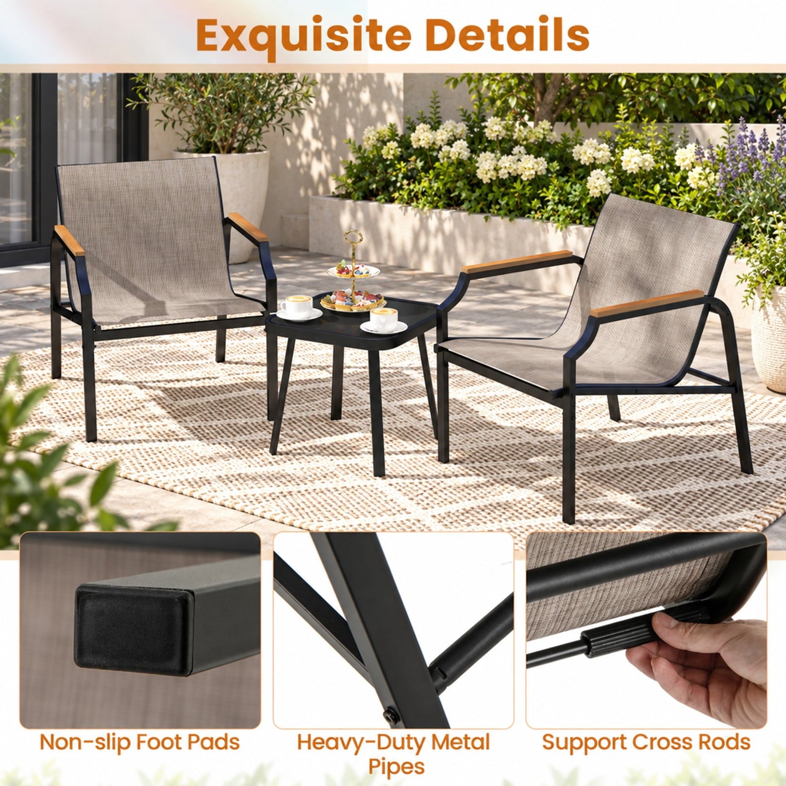 Fenbeli 3 Piece Outdoor Chair Set with Breathable Fabric Seat and Armrests, Chair 330 lbs Capacity, Metal Fabric Tempered Glass PS Frame, Brown