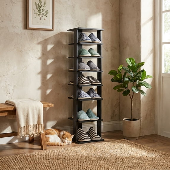Furnibear 7-Tier Vertical Wooden Shoe Rack, Tall Slim Corner Shoe Tower for Narrow Spaces, Space-Saving Storage Organizer for Entryway and Bedroom, Black