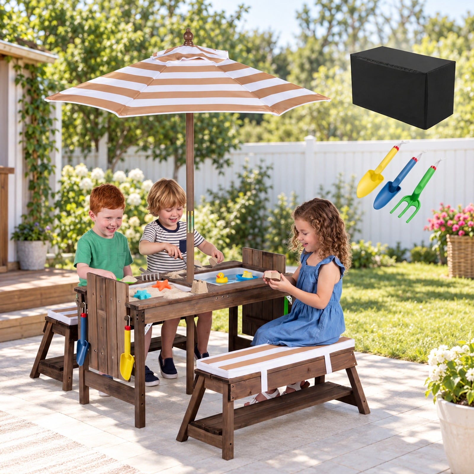 Fenbeli Outdoor Kids Wooden Picnic Table and Benches Set with Umbrella, 110 lbs Capacity, Fir Wood Nylon Fabric Sponge PP Frame, for 3+ Years Old