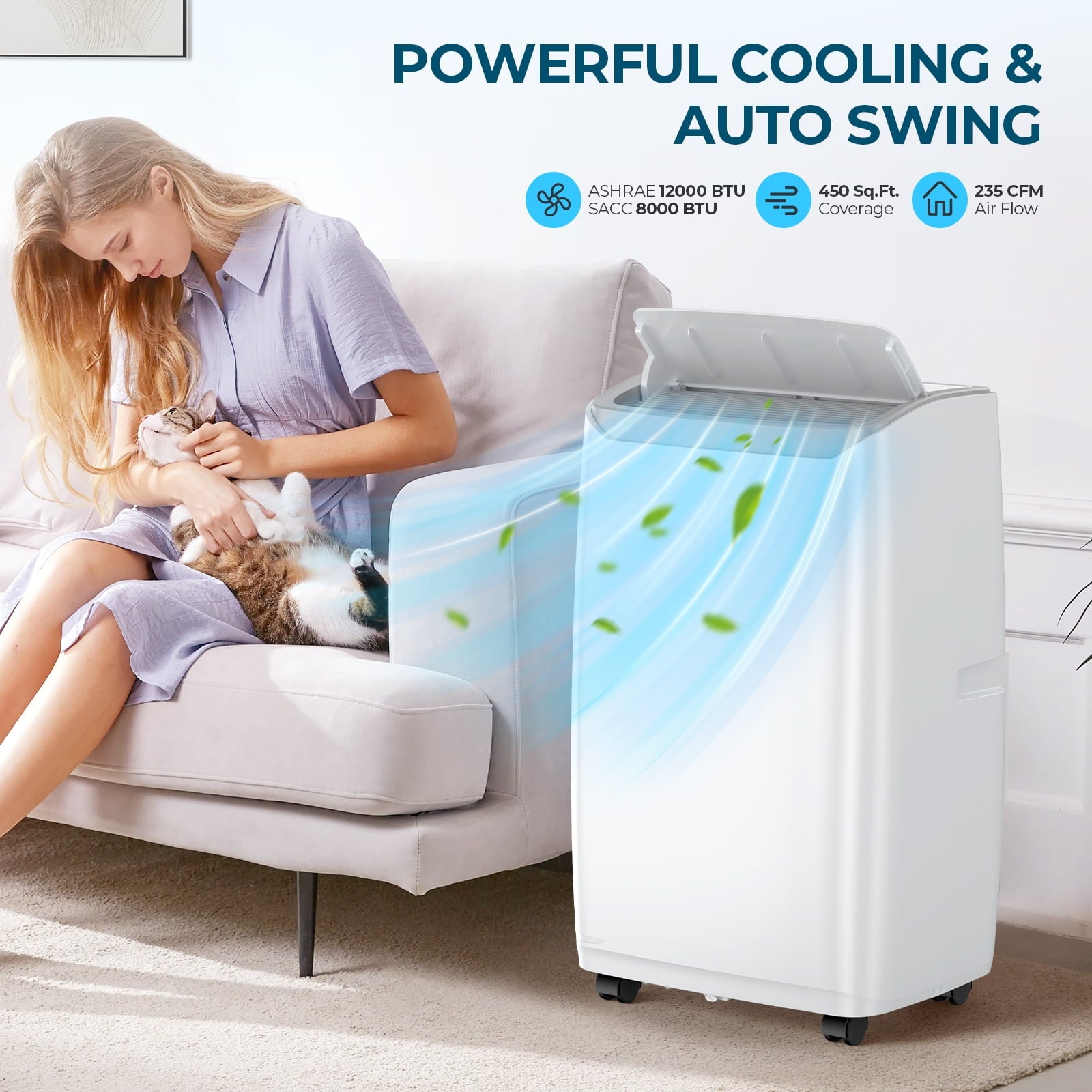 Fenbeli 12000 BTU ASHRAE 3-in-1 Portable Air Conditioner for 450 Sq.Ft with Remote Control, White