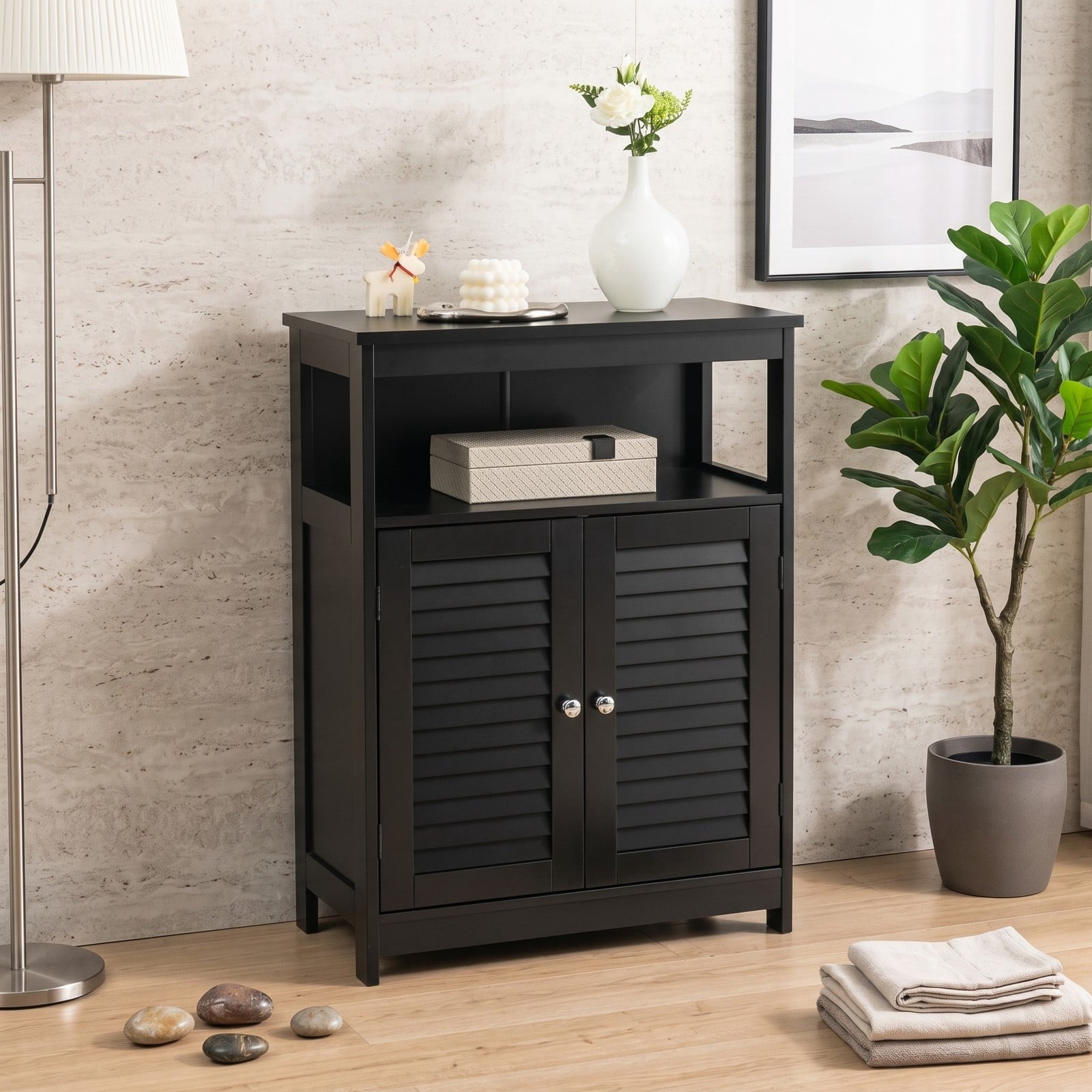 Fenbeli Wood Freestanding Bathroom Storage Cabinet, Double Shutter Doors with Adjustable Inner Shelf and Anti-Tipping Device, Floor Organizer Cabinet for, Black