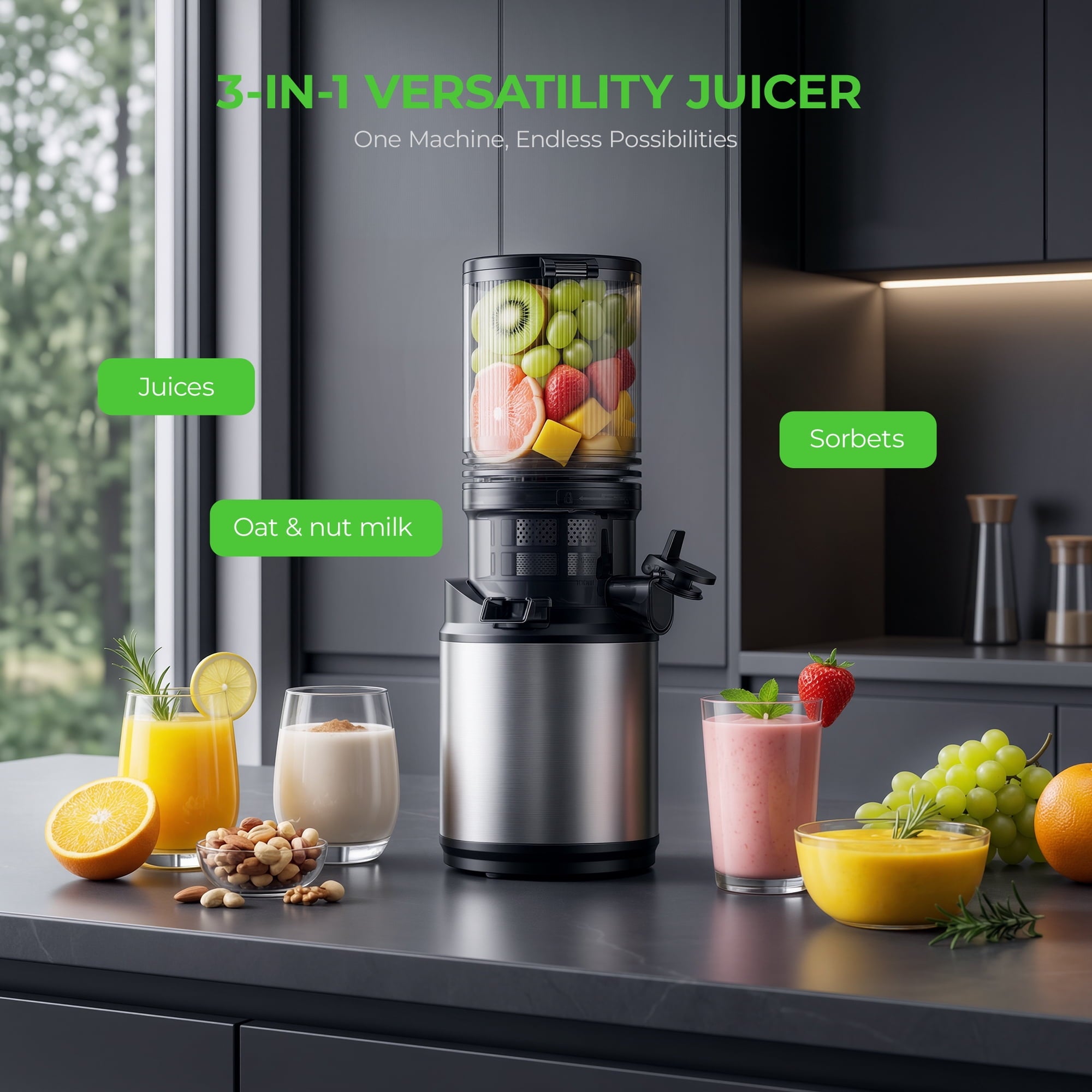 Fenbeli Slow Juicer, Cold Press Juicer Machine, 150W Masticating Juicer for Fruits and Vegetables, 2L Capacity, Black