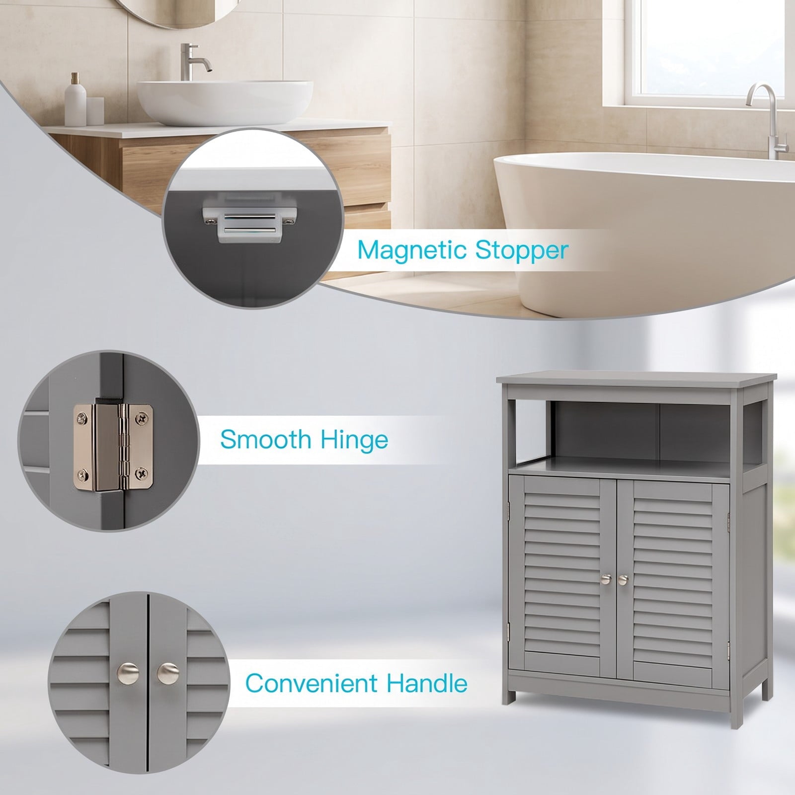 Fenbeli Wood Freestanding Bathroom Storage Cabinet with Double Shutter Doors, Adjustable Shelf, Anti-Tipping Floor Organizer for Bathroom Living Room Bedroom, Gray