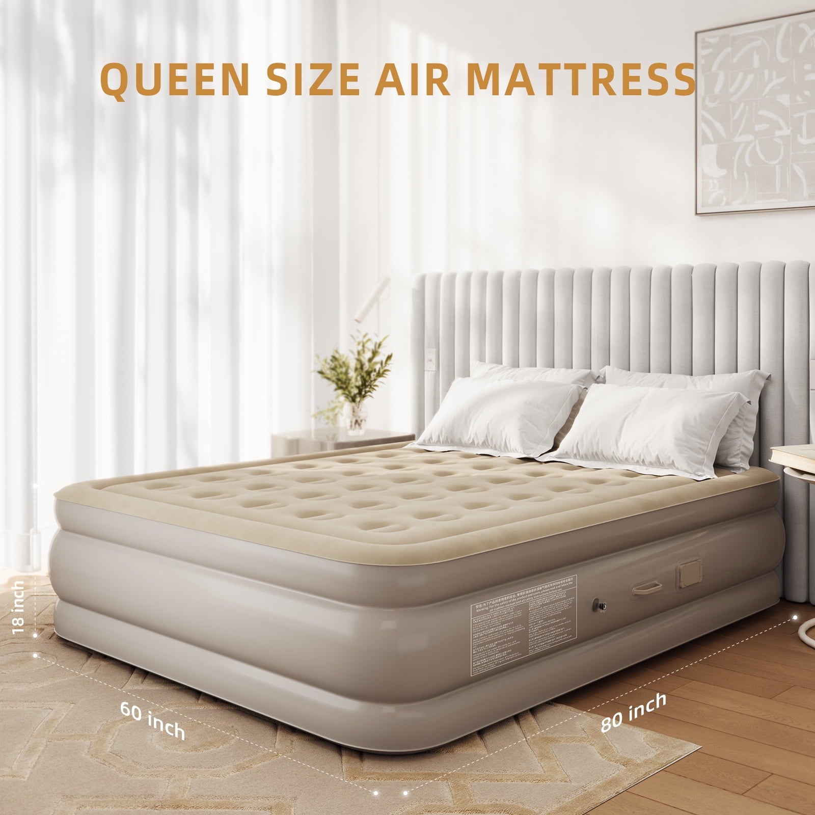Fenbeli Queen Air Mattress with Built-in Pump, 18" Inflatable Air Bed with Rechargeable Pump & Camping Lamp, Portable Airbed for Home Camping Guests