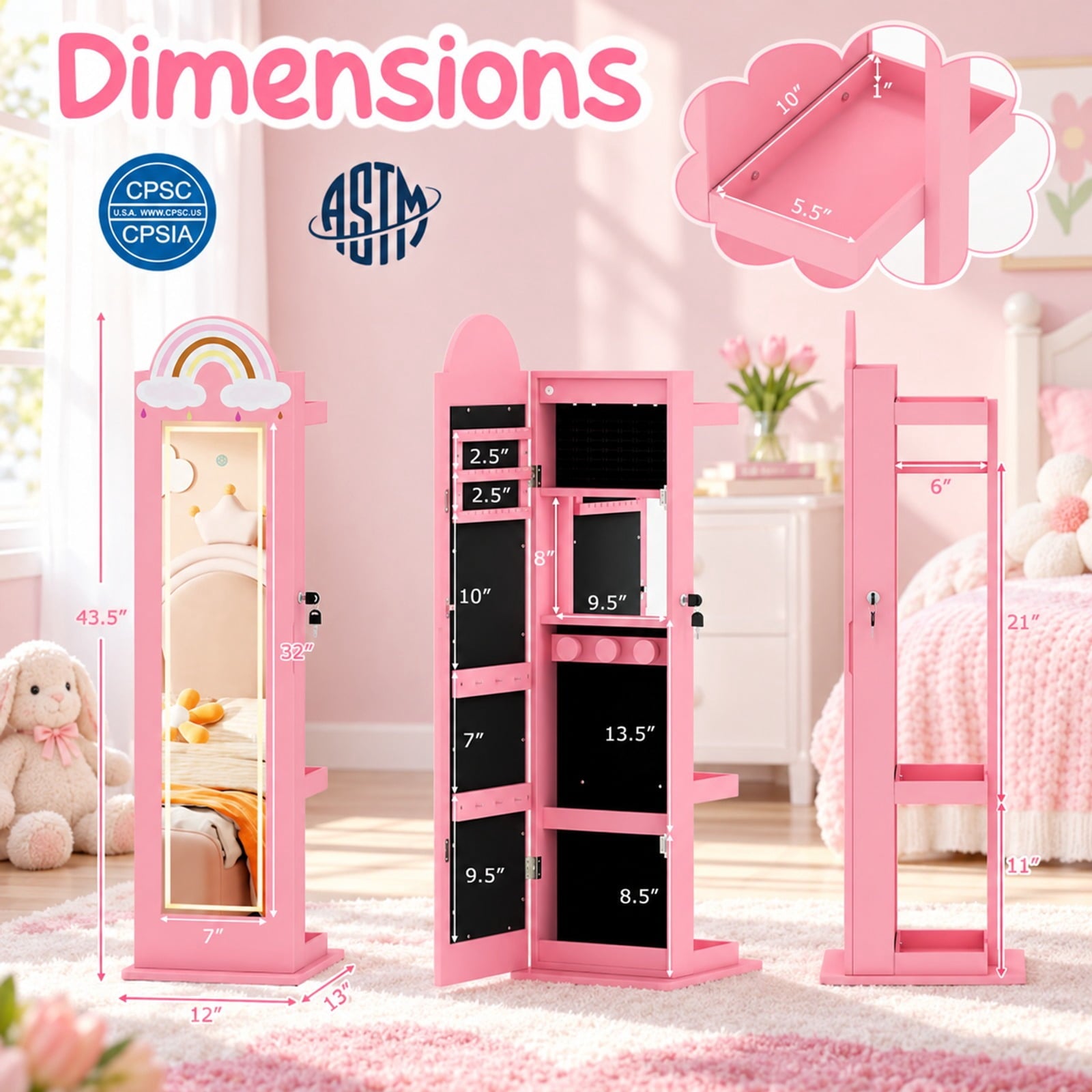 Fenbeli 3 In 1 Kids Jewelry Cabinet Freestanding Jewelry Armoire with 3-Color Lighted Mirror, MDF Glass Acrylic Frame, Pink