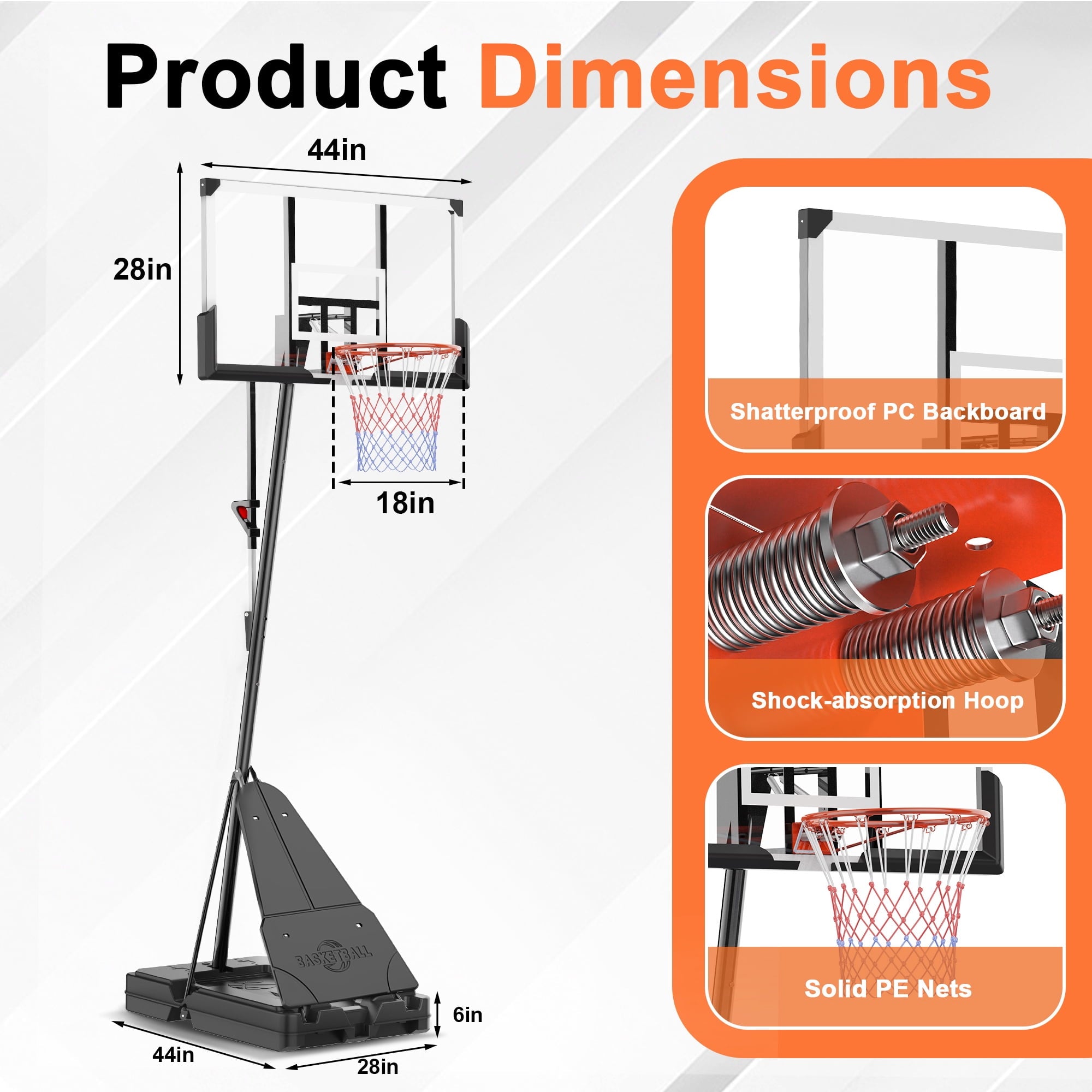 Fenbeli Basketball Hoop Outdoor, 4.8-10FT Height Adjustable Portable Basketball Hoops with 44 Inch Shatterproof Backboard, Basketball Goal System for Kids Youth and Adults in Backyard/Driveway/Indoor