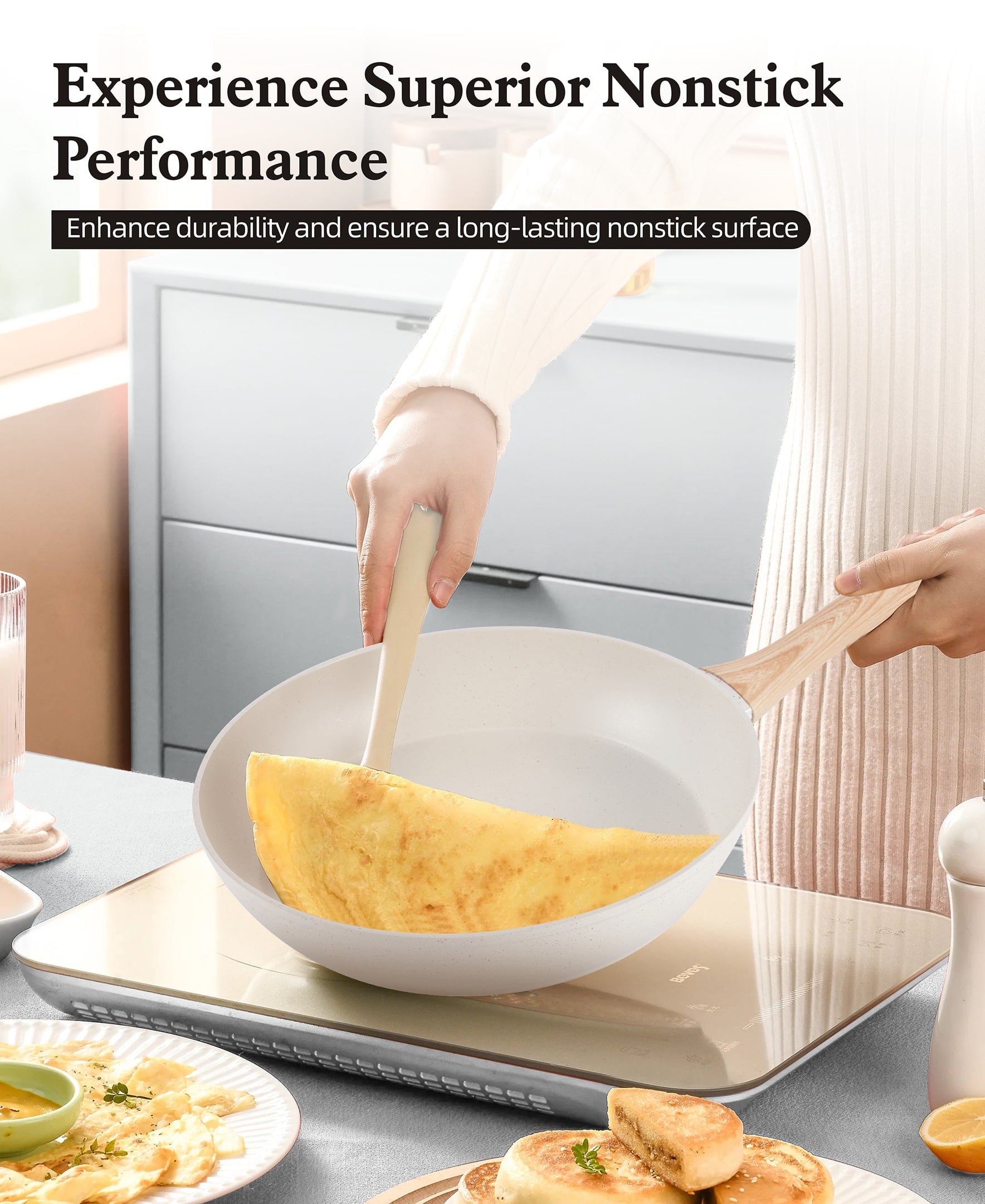 Fenbeli 12 Pcs Pots and Pans Set Nonstick,Ceramic Cookware Set with Pots Protectors and Cooking Utensils,Cream White