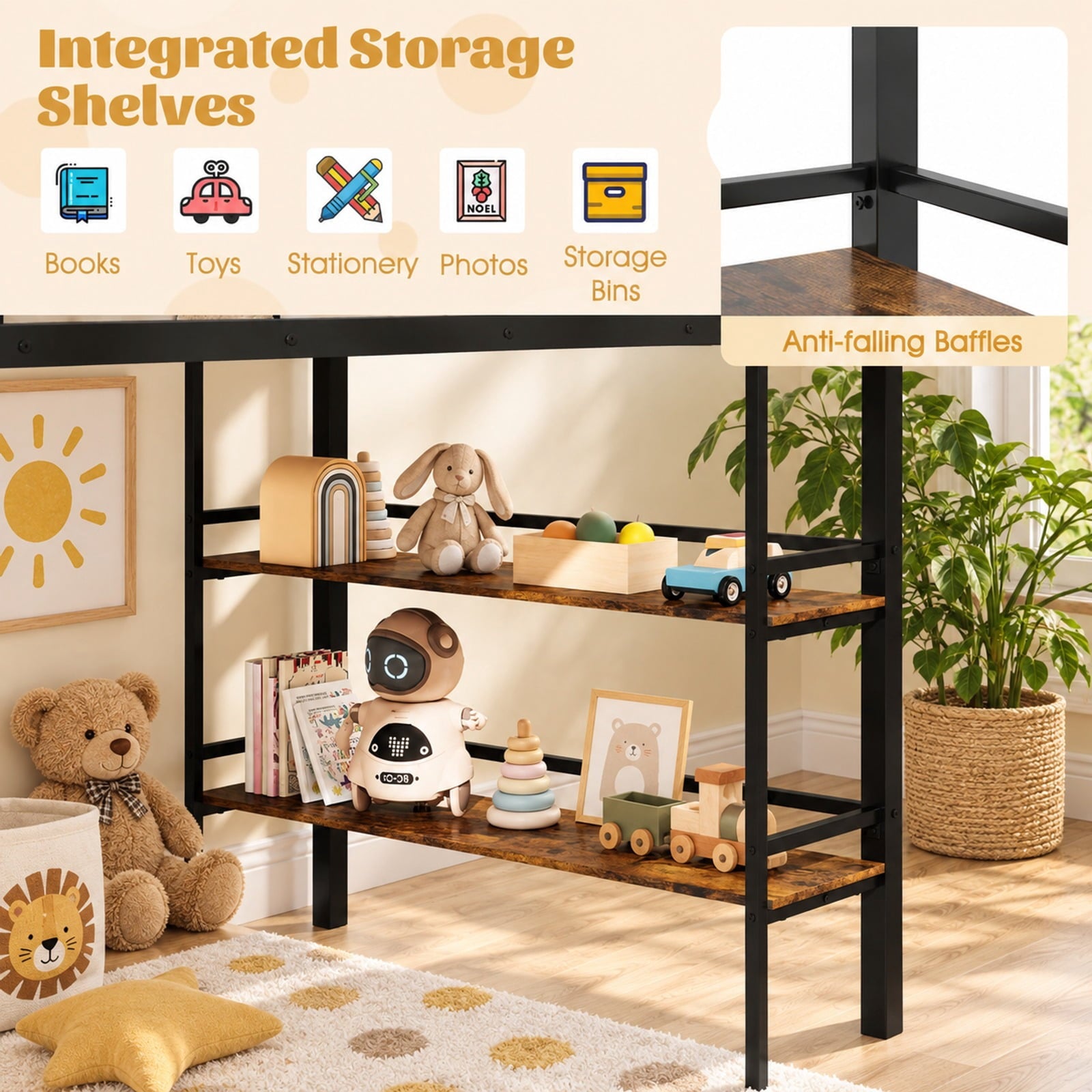 Fenbeli Twin Size Low Loft Bed with Ladder and Storage Shelves Metal Frame for Boys Girls, 485 lbs Capacity, Metal Engineered Wood Frame, Black
