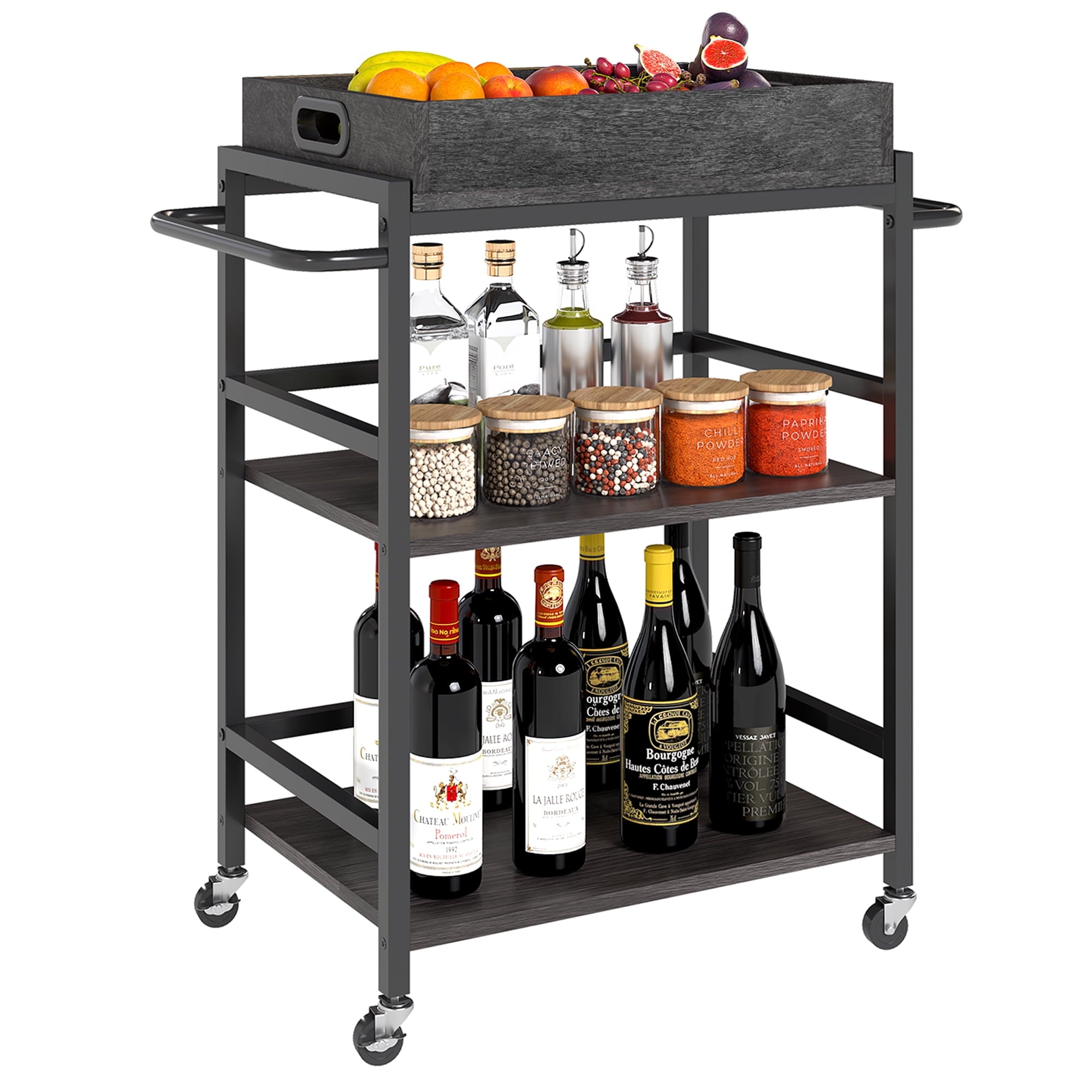 Fenbeli 3-Tier Rolling Kitchen Cart with Removable Wooden Storage Box and Wheels, Gray, 21.9L x 15.8W x 36.2H