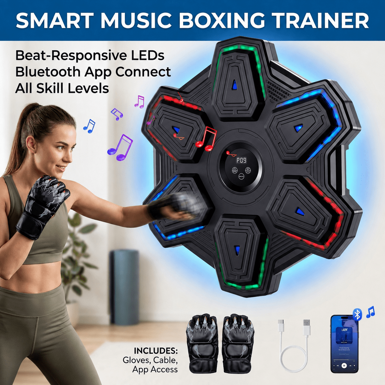 Fenbeli Smart Boxing Trainer Wall-Mounted Punching Pad with LED Lights Music and 8 Rhythm Modes 3 Mounting Options for Home Reaction Training, Black