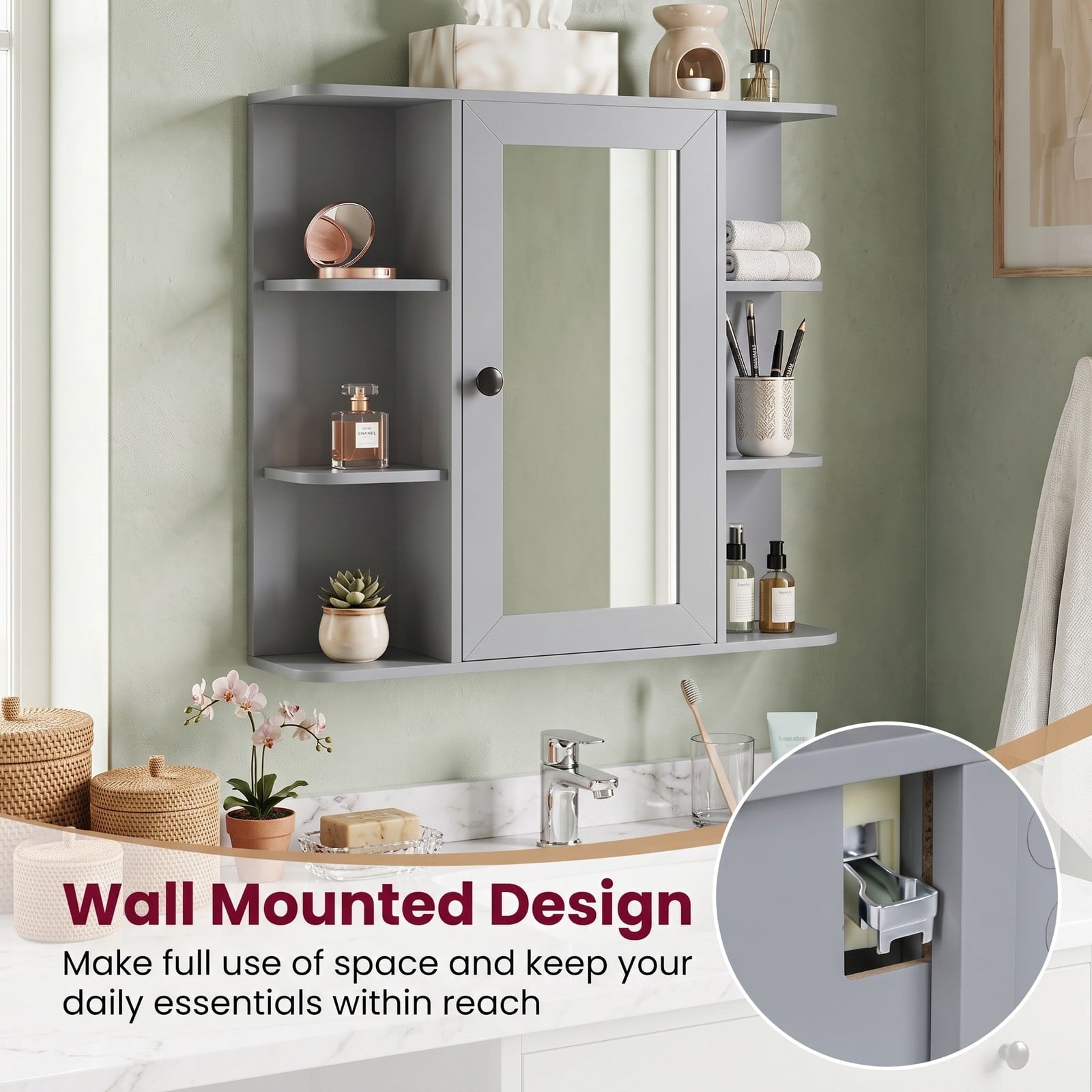 Fenbeli Wall Mounted Bathroom Medicine Cabinet with Mirror and Open Shelves, Wood Storage Organizer with Mirrored Door and Adjustable Compartments for Bathroom, Gray