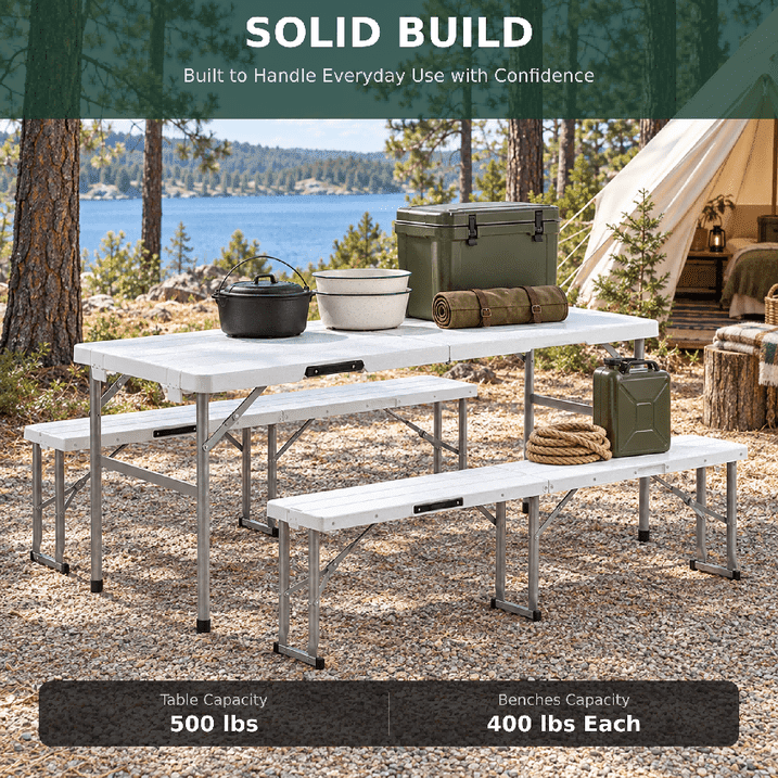 Fenbeli 6 FT Folding Picnic Table with 2 Benches, 660 lb Foldable Portable Picnic Set, 70 in Wood Grain HDPE Plastic Top, Steel Frame, Seats 4, Outdoor Camping Dining Table for Patio, Party, BBQ