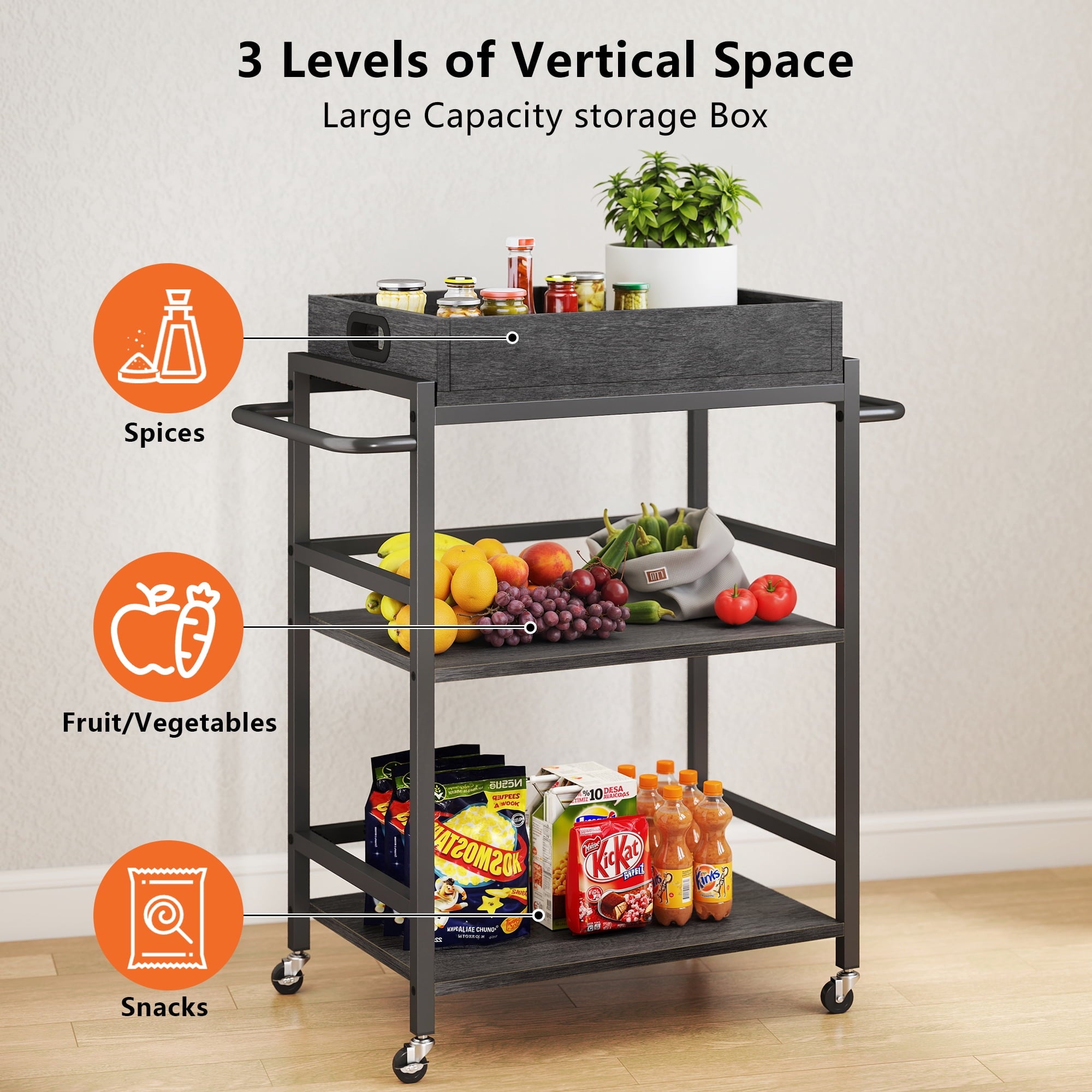 Fenbeli 3-Tier Rolling Kitchen Cart with Removable Wooden Storage Box and Wheels, Gray, 21.9L x 15.8W x 36.2H