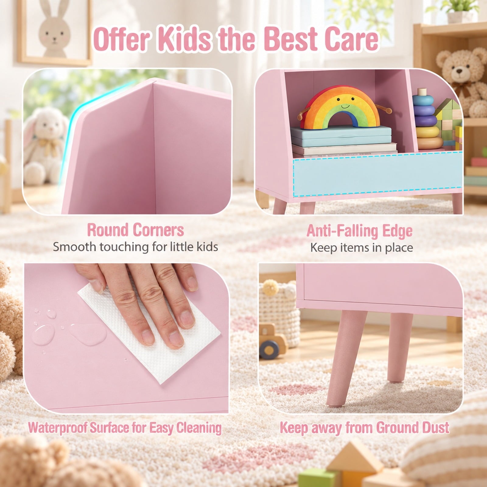 Fenbeli 5-Cube Kids Bookshelf and Toy Organizer with Anti-Tipping Kits, 68 lbs Capacity, MDF Solid Wood Frame, Pink