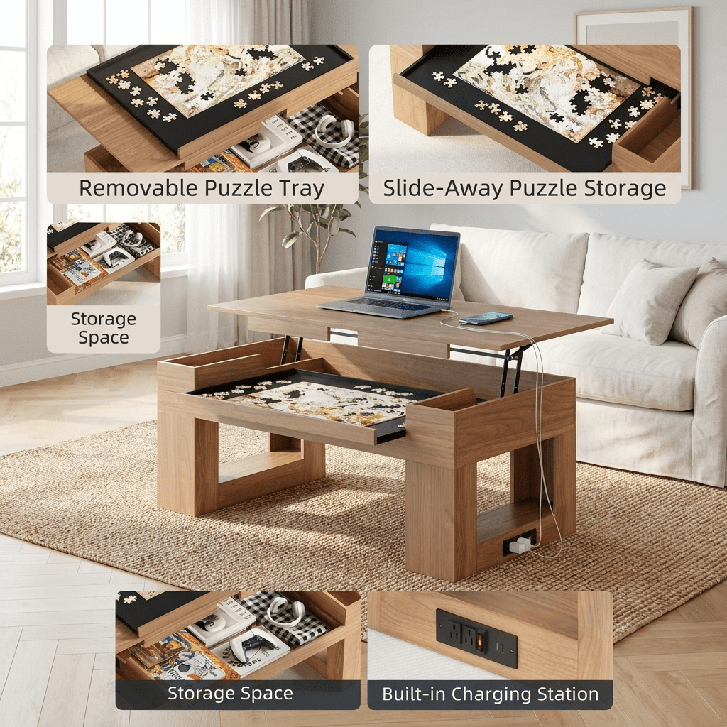Furnibear Lift Top Coffee Table with Puzzle Tray and Charging Station for Living Room, Brown