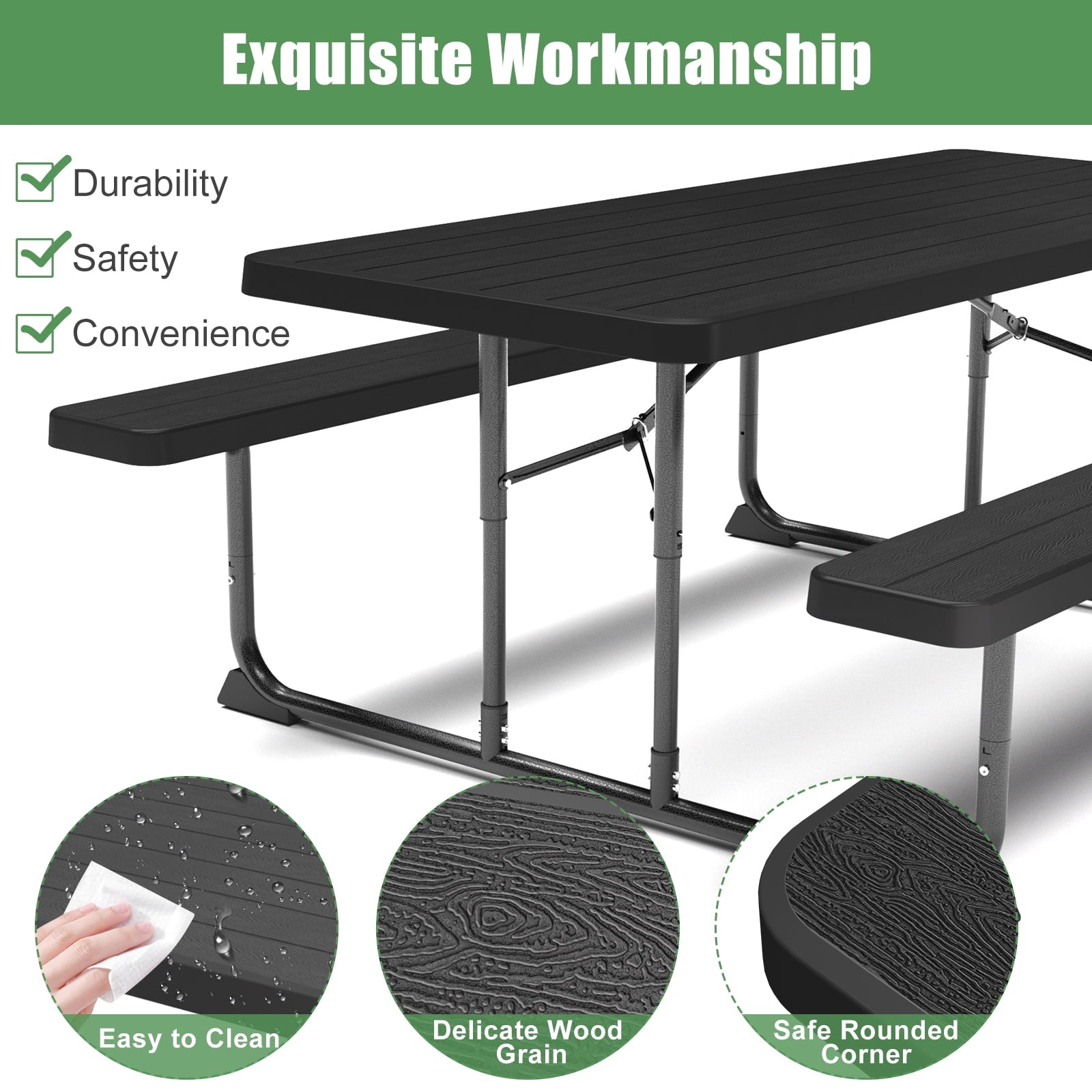Fenbeli 6-Foot Outdoor Folding Picnic Table, Black