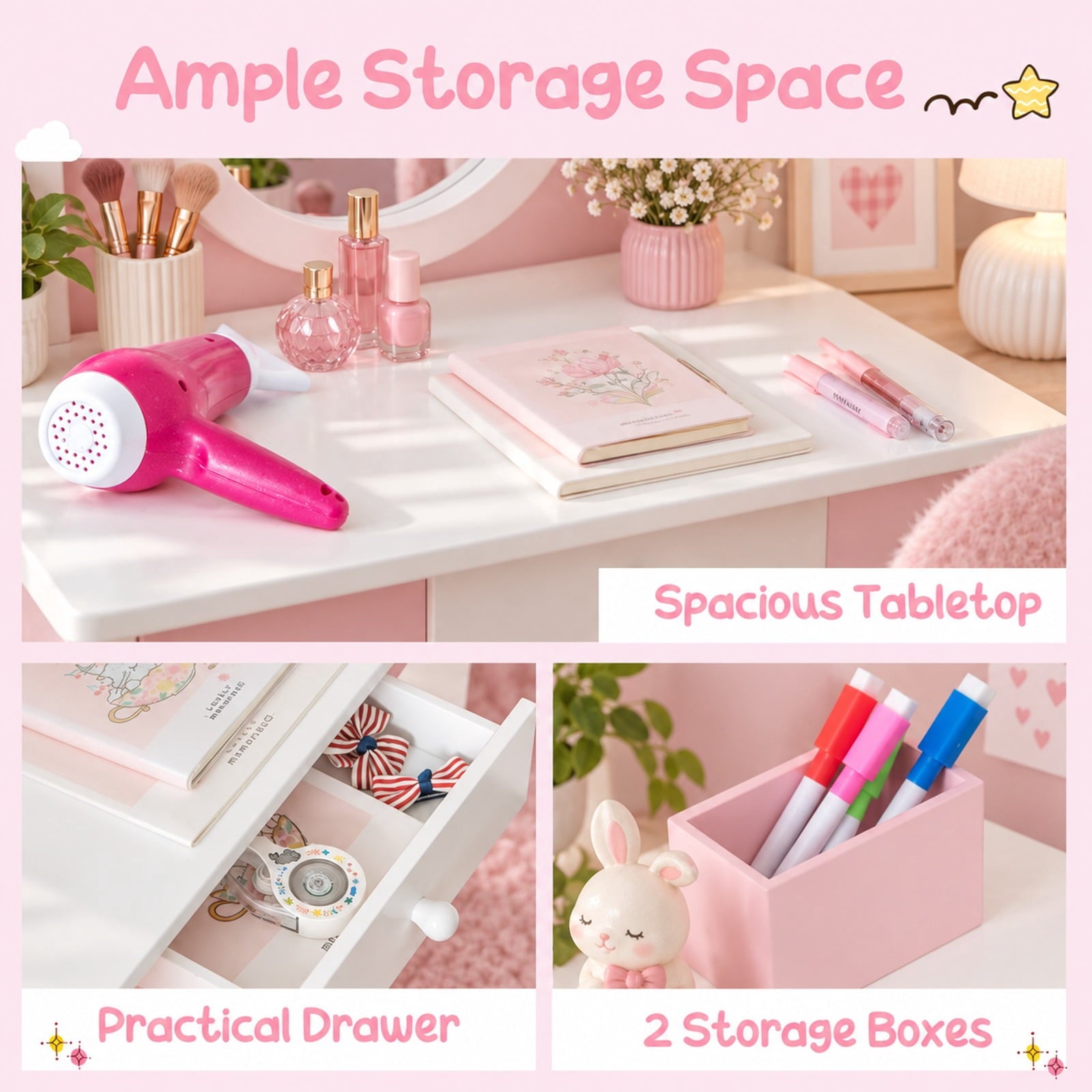 Fenbeli Pretend Kids Vanity Set with 360° Rotatable Mirror and Play Accessories, 66 lbs Capacity, MDF Acrylic Frame, 24 x 13.5 x 40 Footprint