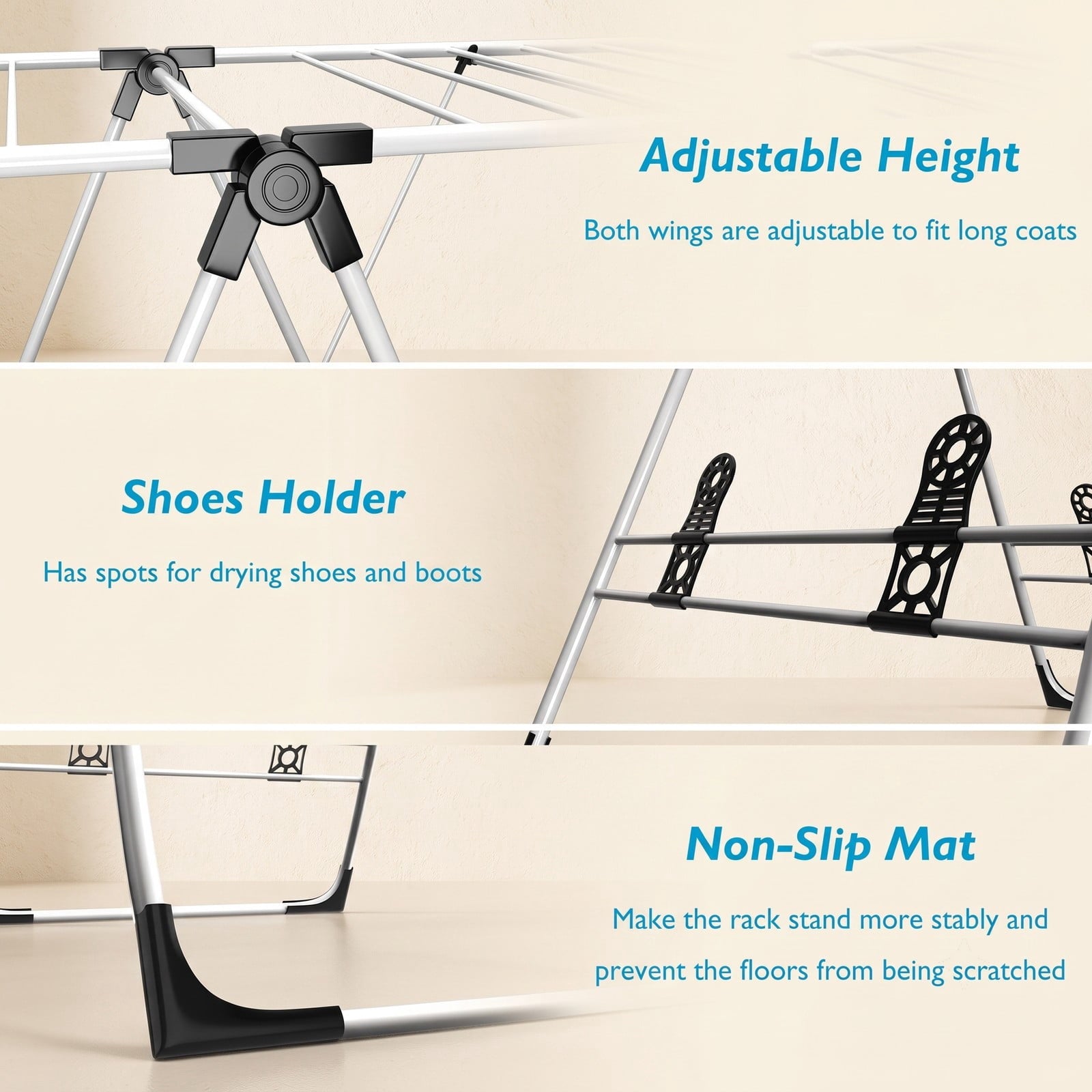 Fenbeli Portable Clothes Drying Rack, Foldable 2-Tier Steel Laundry Drying Rack with Adjustable Wings for Indoor Outdoor Garment Air Dry, Space-Saving, White