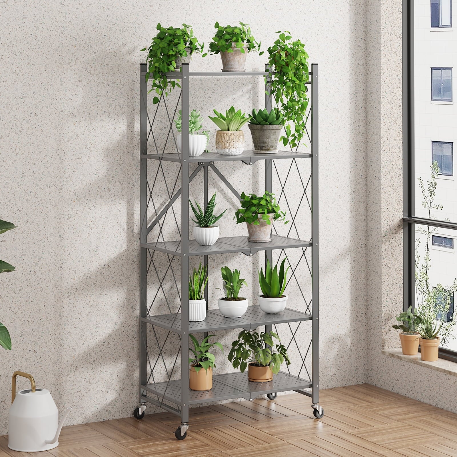 Fenbeli 5-Tier Storage Shelving Unit, Metal Shelf, Foldable Storage Shelf with Wheels, Garage Shelf, Metal Storage Rack with 3 Hooks