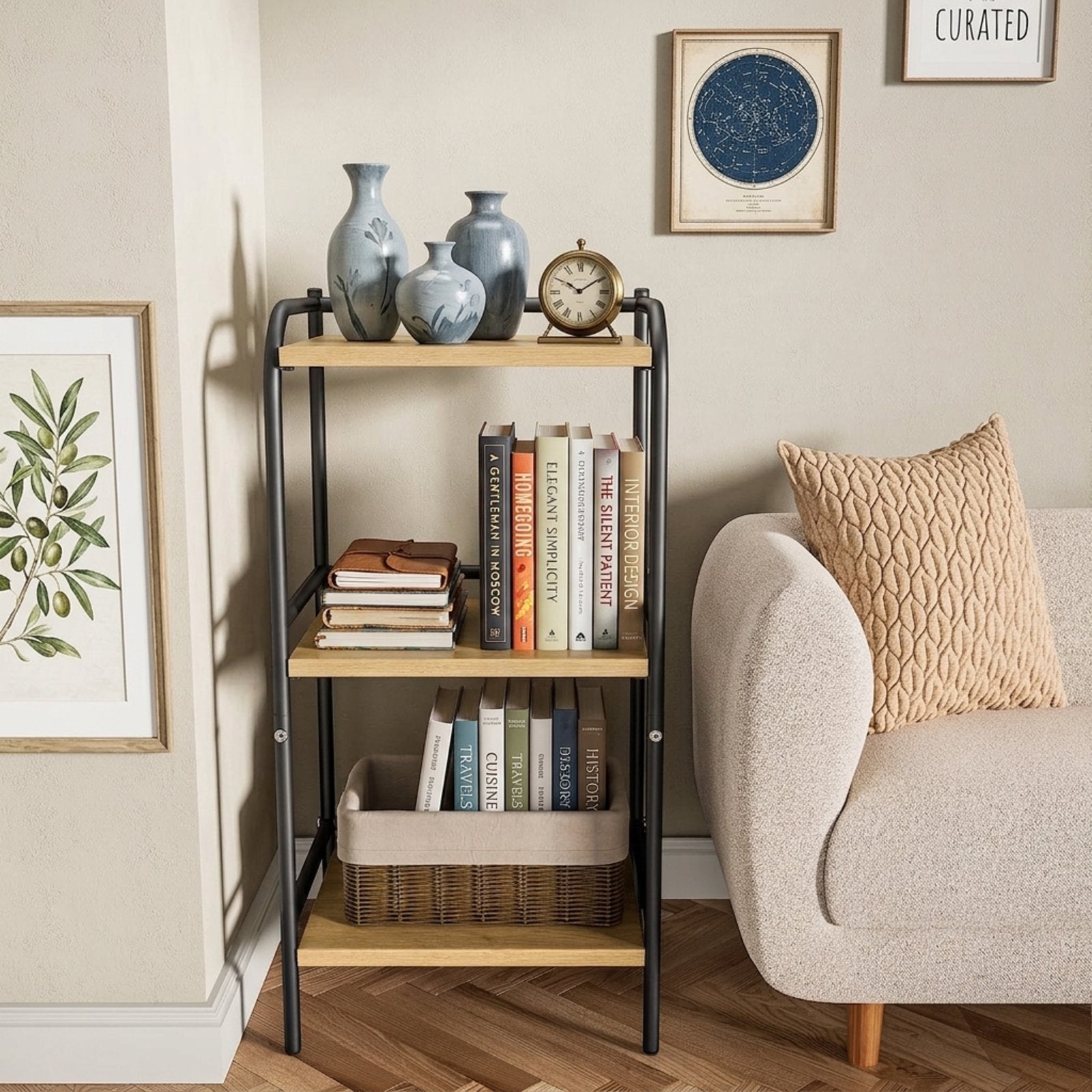 Furnibear 3-Tier Rustic Wood & Metal Bookshelf, Small Office Shelf & Storage Rack for Living Room, Kitchen