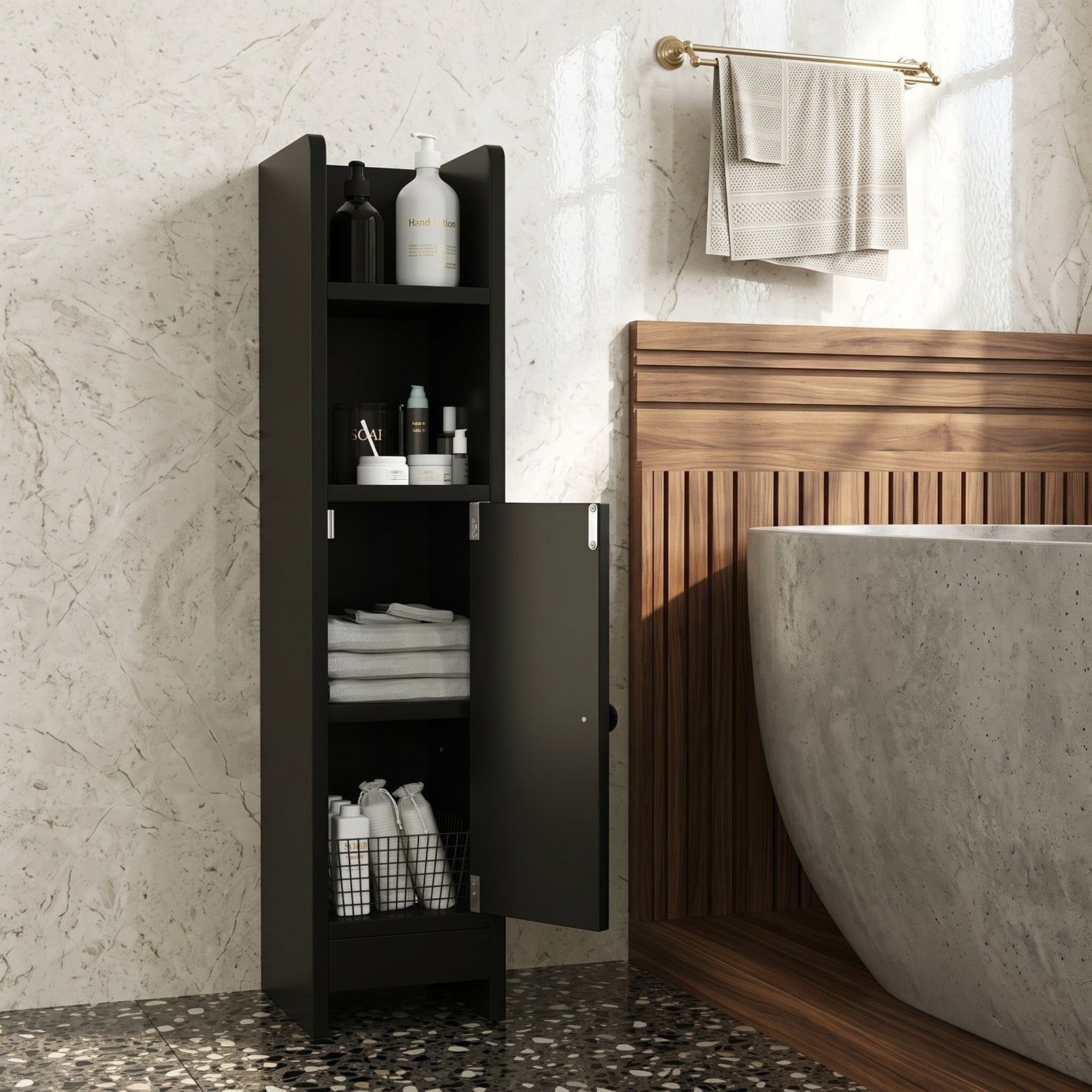 Fenbeli Slim Bathroom Corner Storage Cabinet, Freestanding Floor Cabinet with Door, Adjustable 3-Tier Shelf and Anti-Tipping Kit for Bathroom Laundry Room, Black