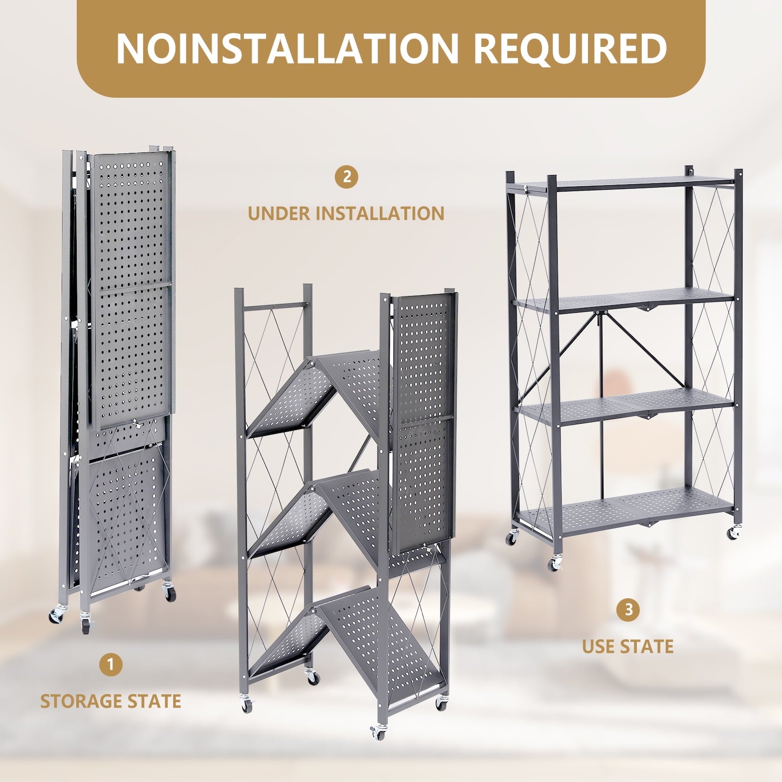 Fenbeli 4-Tier Storage Shelving Unit, Metal Shelf, Foldable Storage Shelf with Wheels, Garage Shelf, Metal Storage Rack, Kitchen Shelf with 3 Hooks