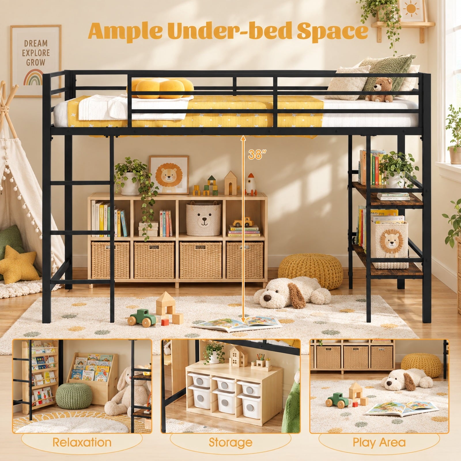Fenbeli Twin Size Low Loft Bed with Ladder and Storage Shelves Metal Frame for Boys Girls, 485 lbs Capacity, Metal Engineered Wood Frame, Black