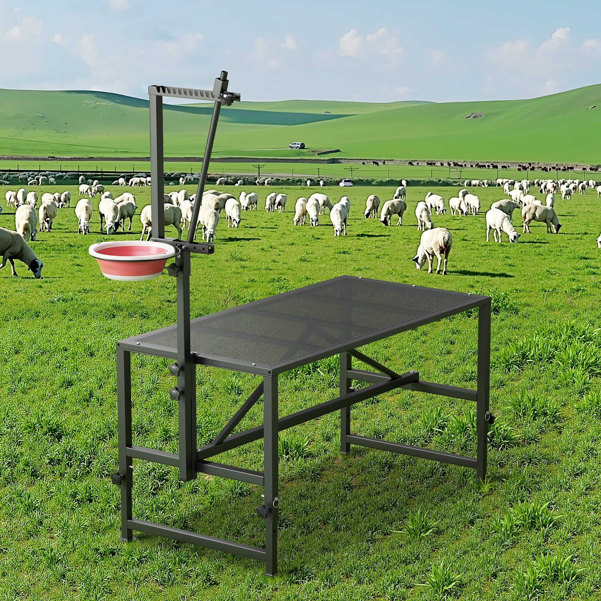 Fenbeli Goat Trimming Stand with Feed Bin, 600 lbs Capacity Livestock Grooming & Milking Table for Goats & Sheep, Black
