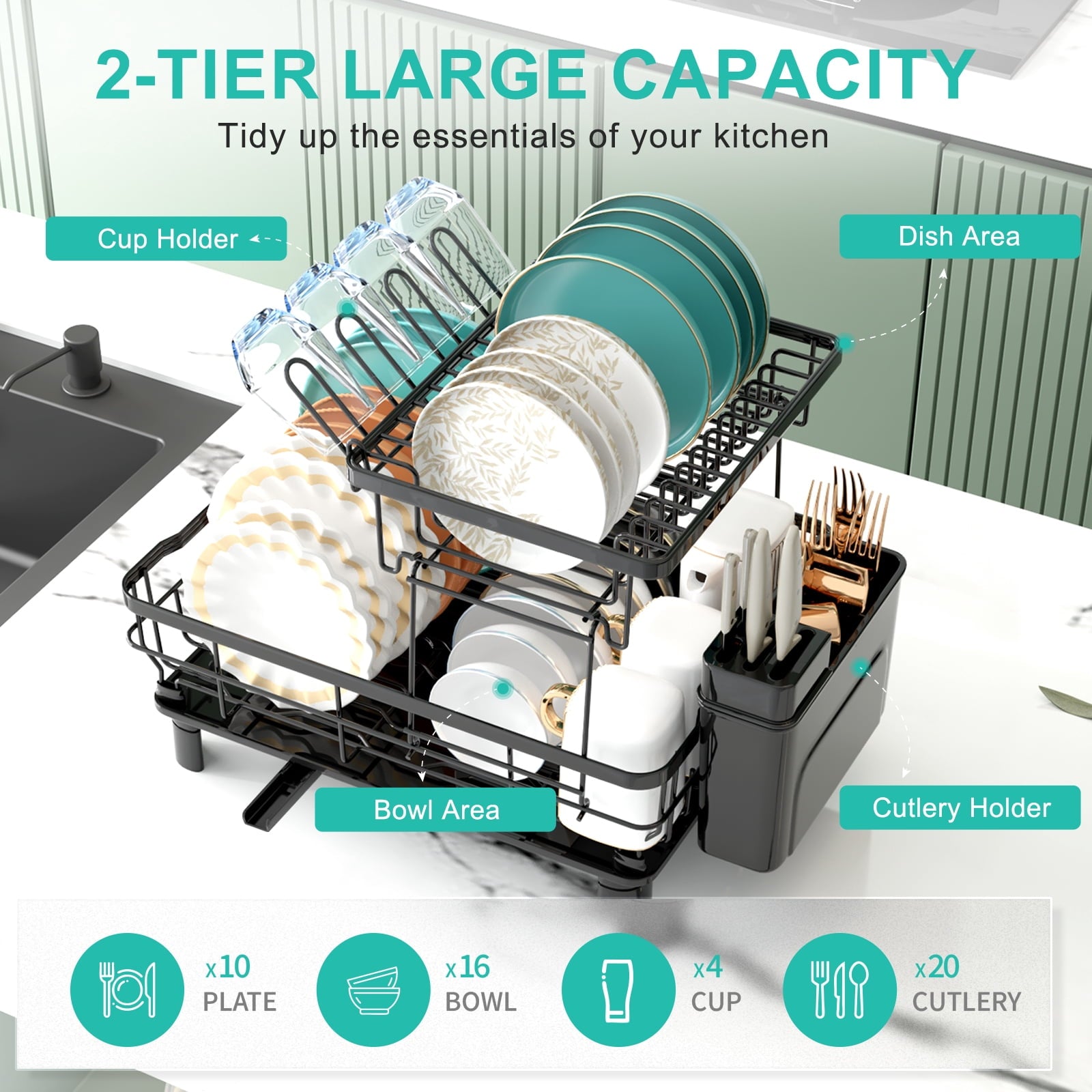 Fenbeli 2-Tier Dish Drying Rack with Drainboard, Rustproof Dish Rack with Utensil Holder & Swivel Spout, Large Kitchen Dish Drainer for Counter